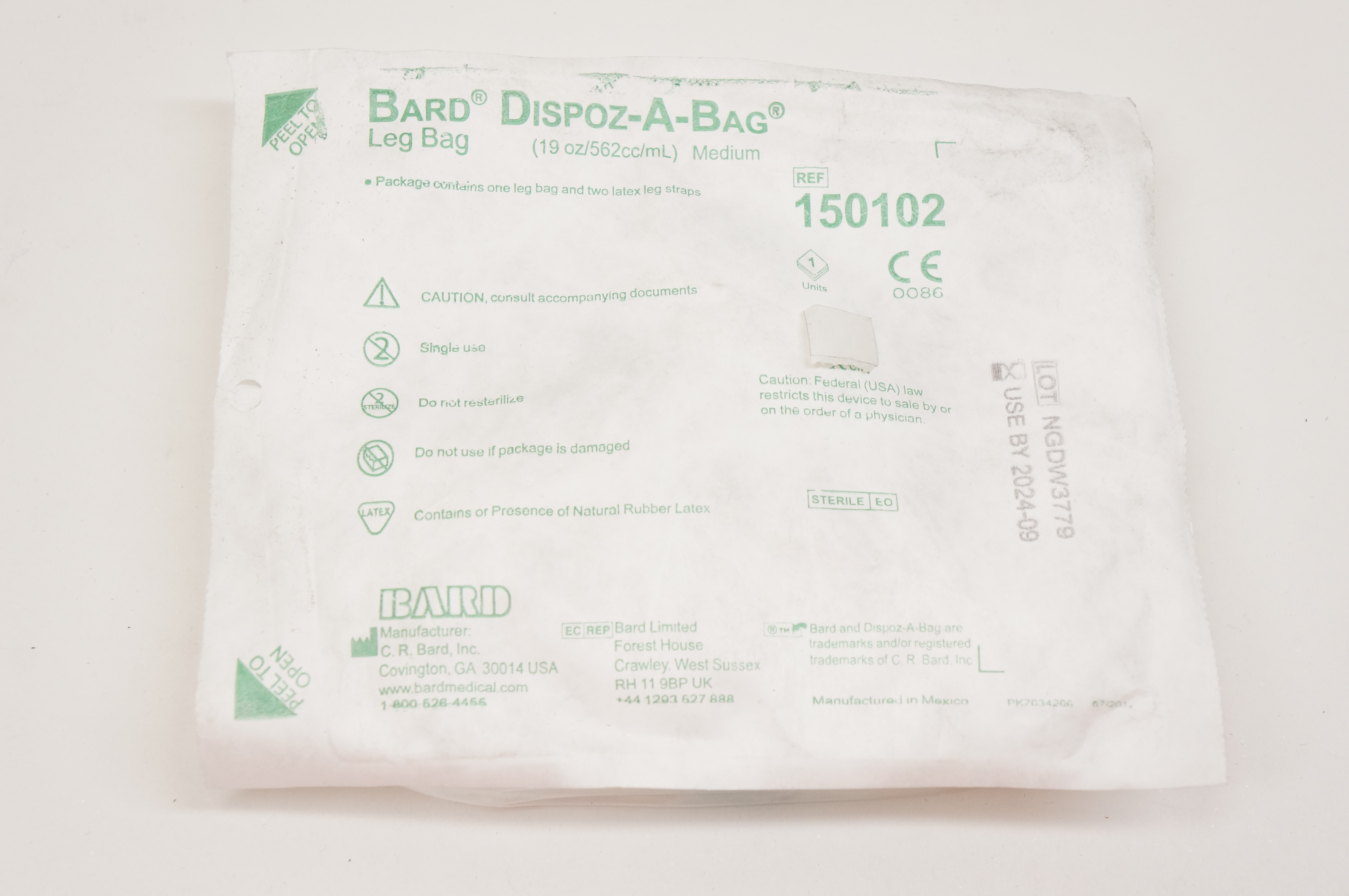 Bard 150102 Dispoz-A-Bag Leg Bag 19oz/562cc/mL, Medium