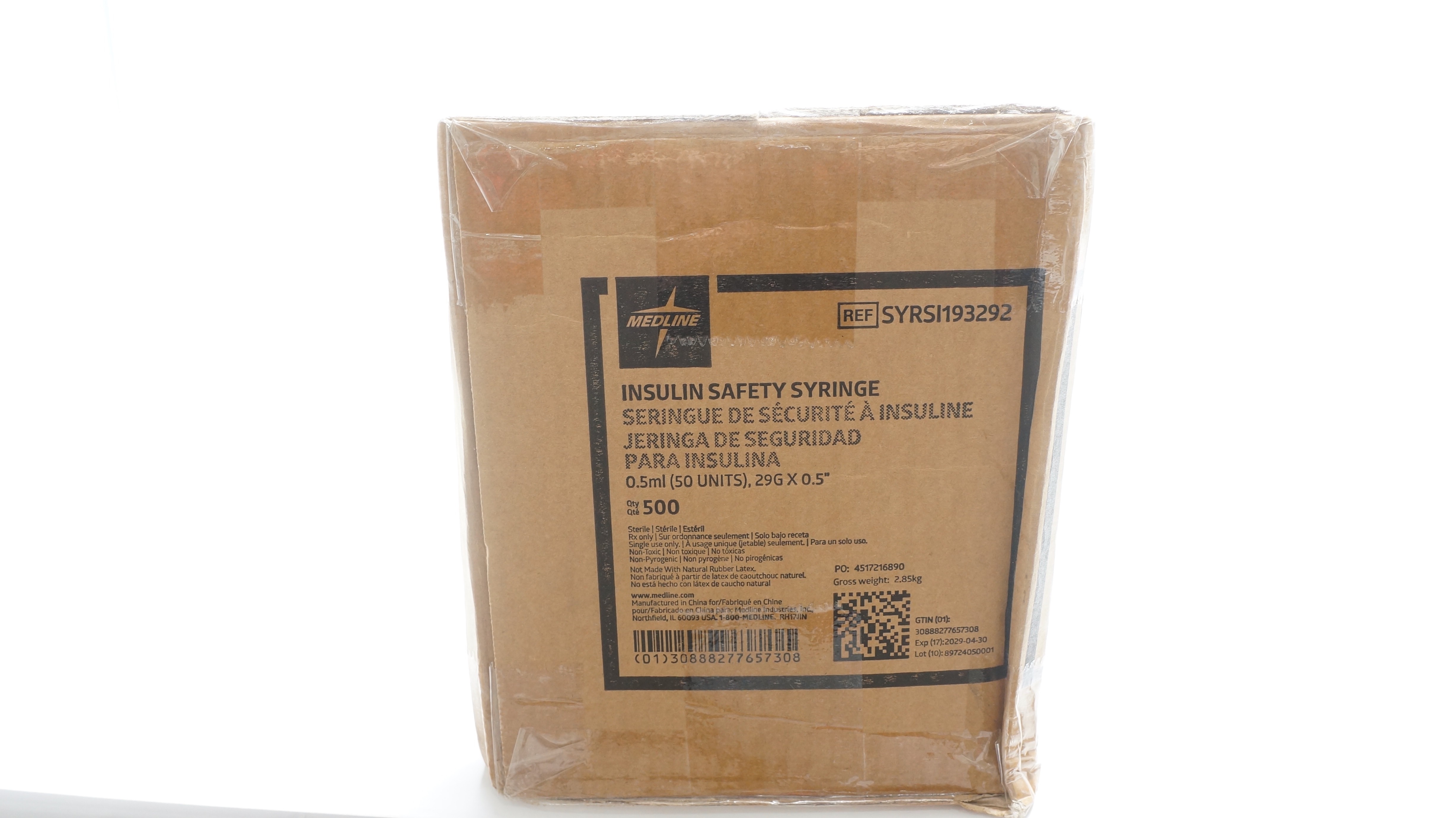 Medline SYRSI193292 Insulin Safety Syringe 0.5ml, 29G x 0.5inch - Case of 500