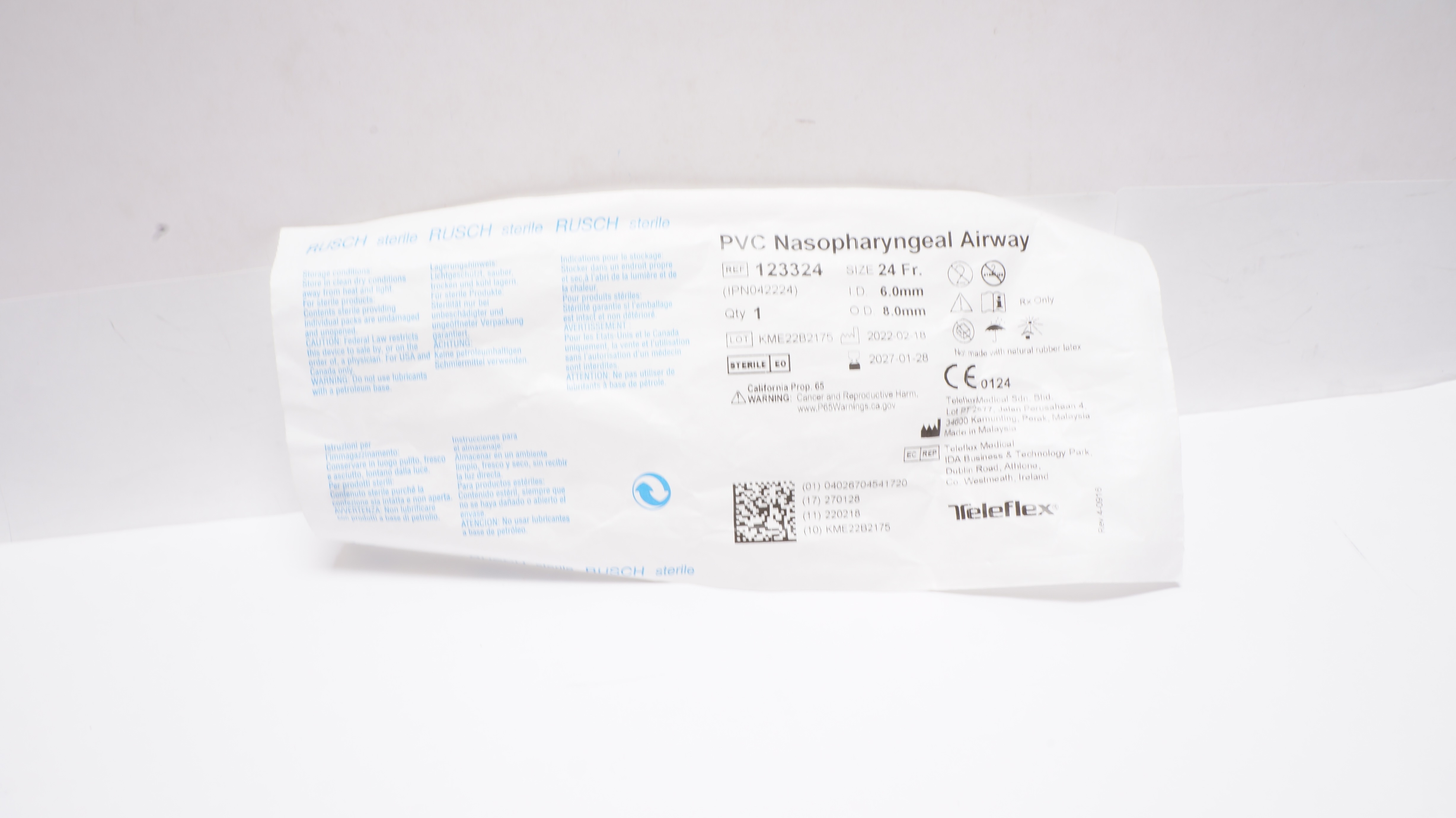 Teleflex 123324 Rusch PVC Nasopharyngeal Airway 24 Fr x 6.0mm ID x 8.0mm OD