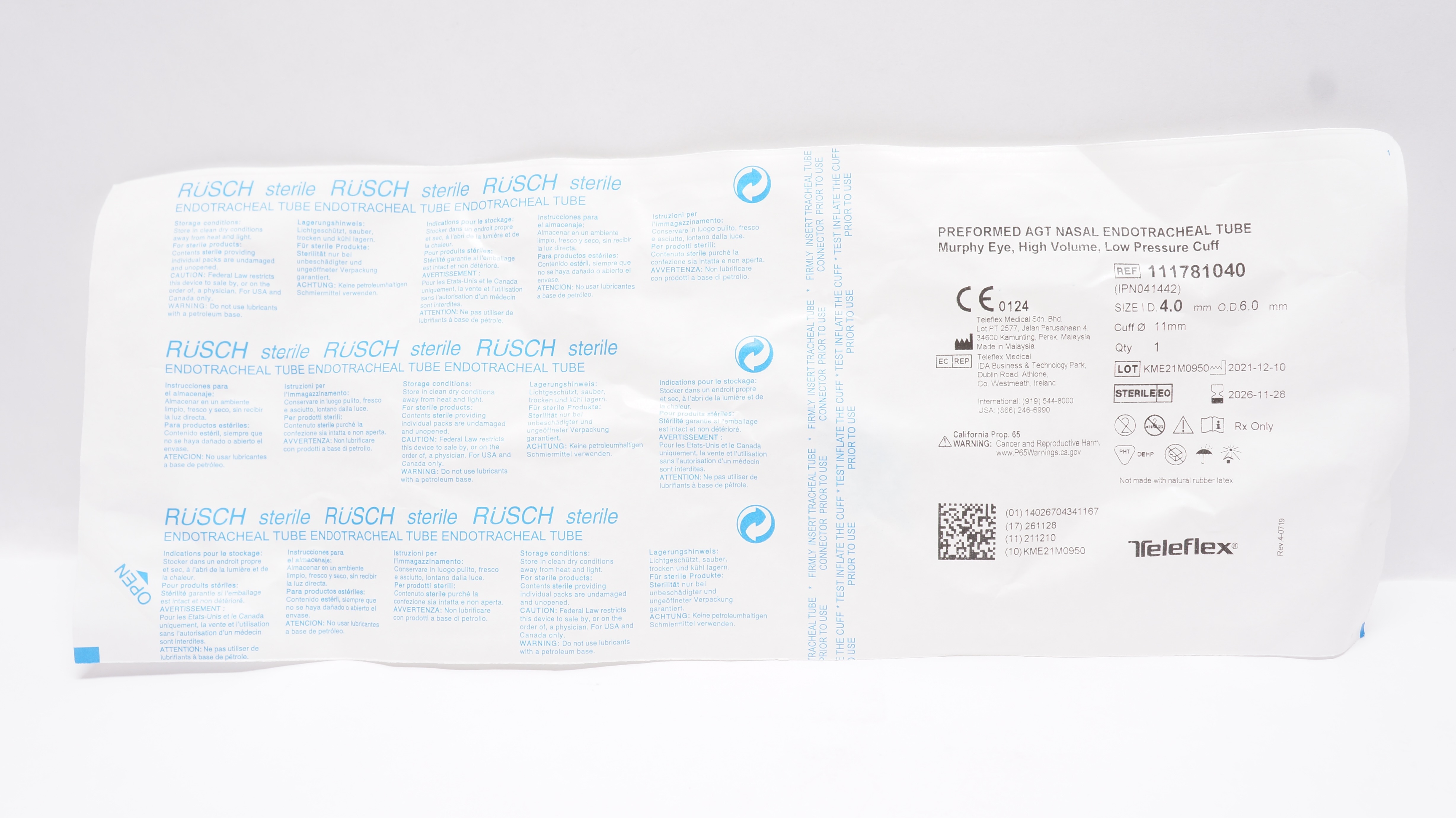 Teleflex 111781040 Preformed AGT Nasal Endotracheal Tube 4.0ID x 6.0OD x 11.0mm