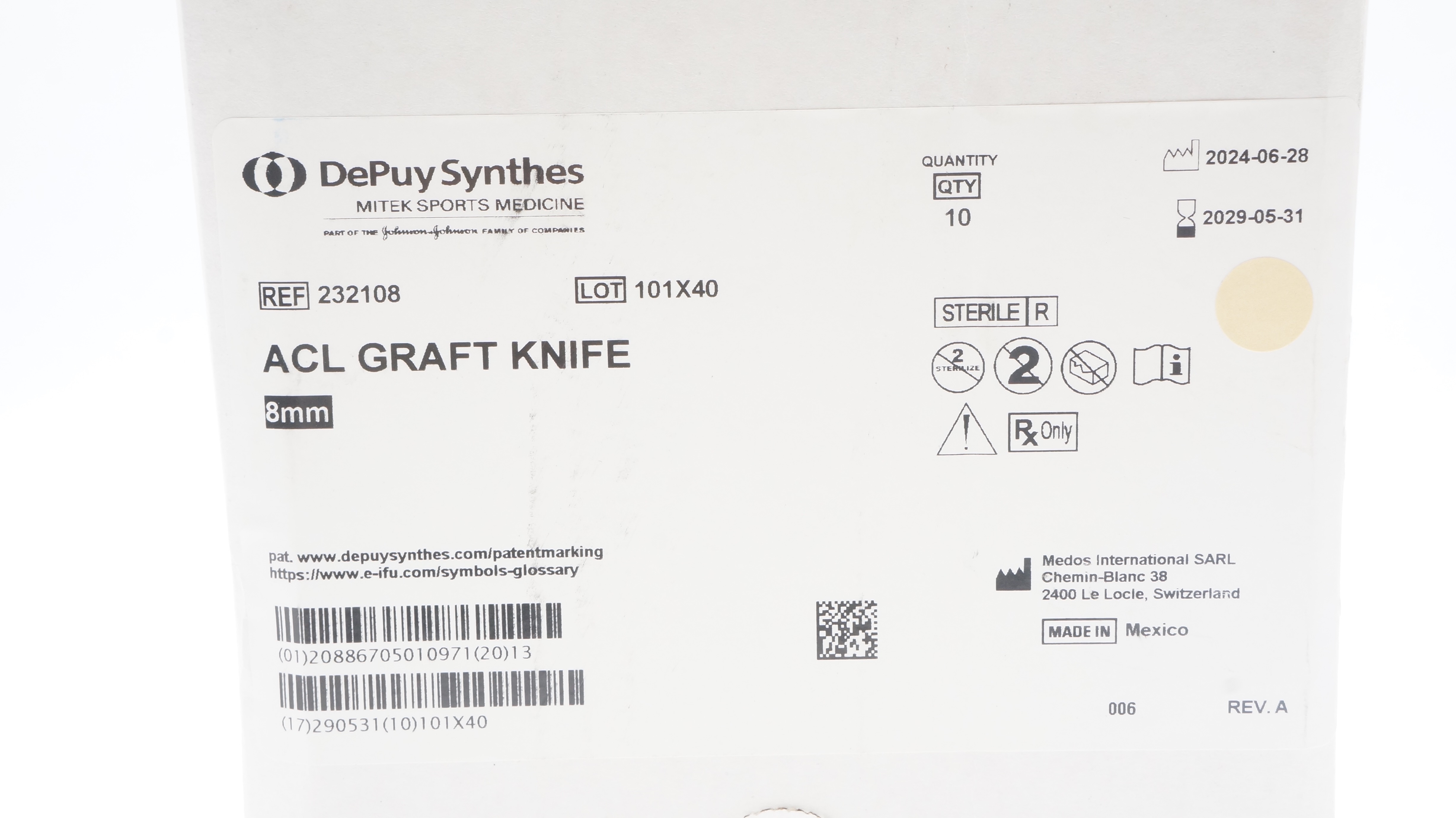 Medos International S232108 DePuy Synthes ACL Graft Knife 8mm - Box of 10