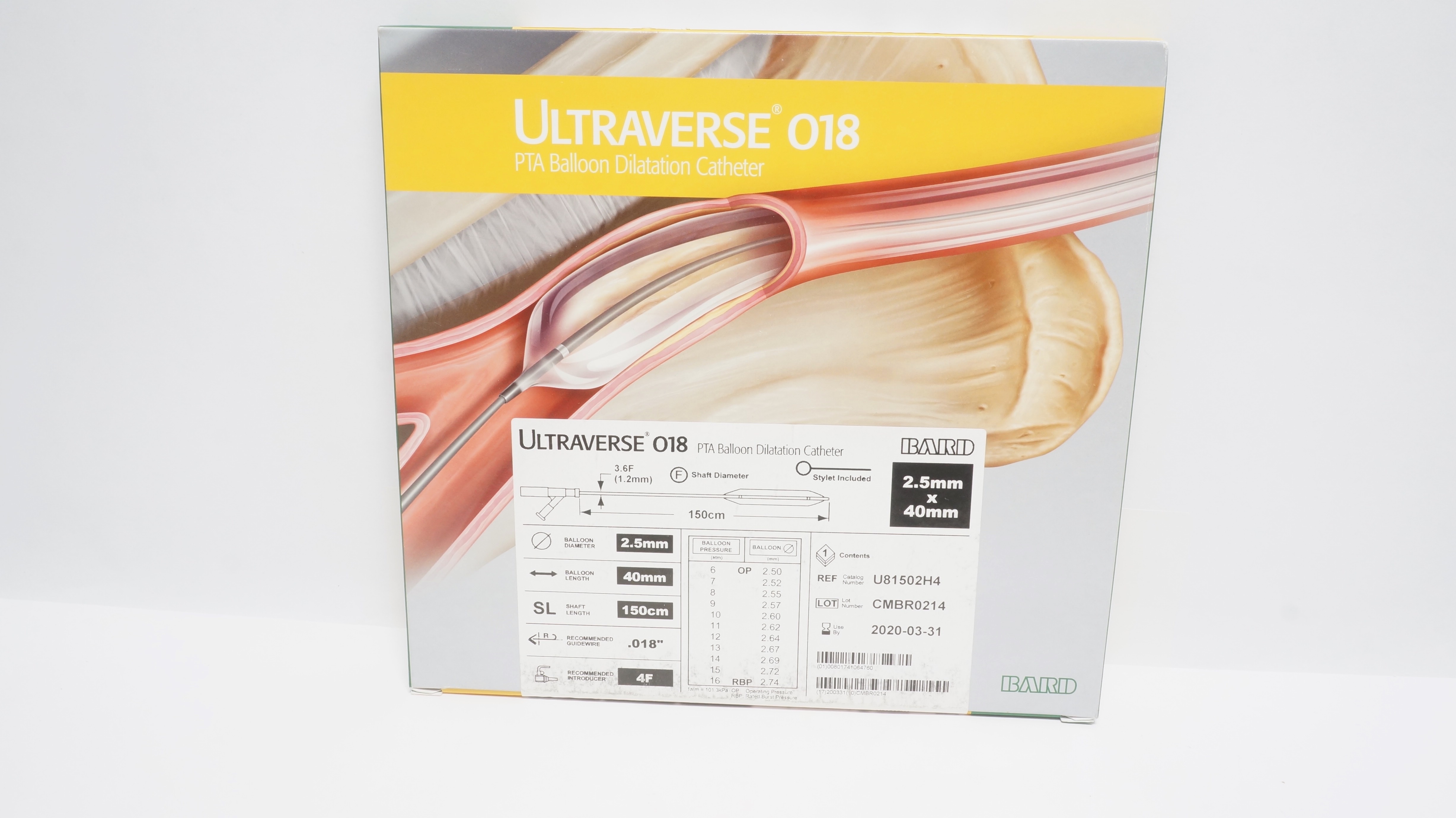 Bard U81502H4 O18 PTA Balloon Dilatation Cath. 3.6F, 2.5mm x 40mm  (x)