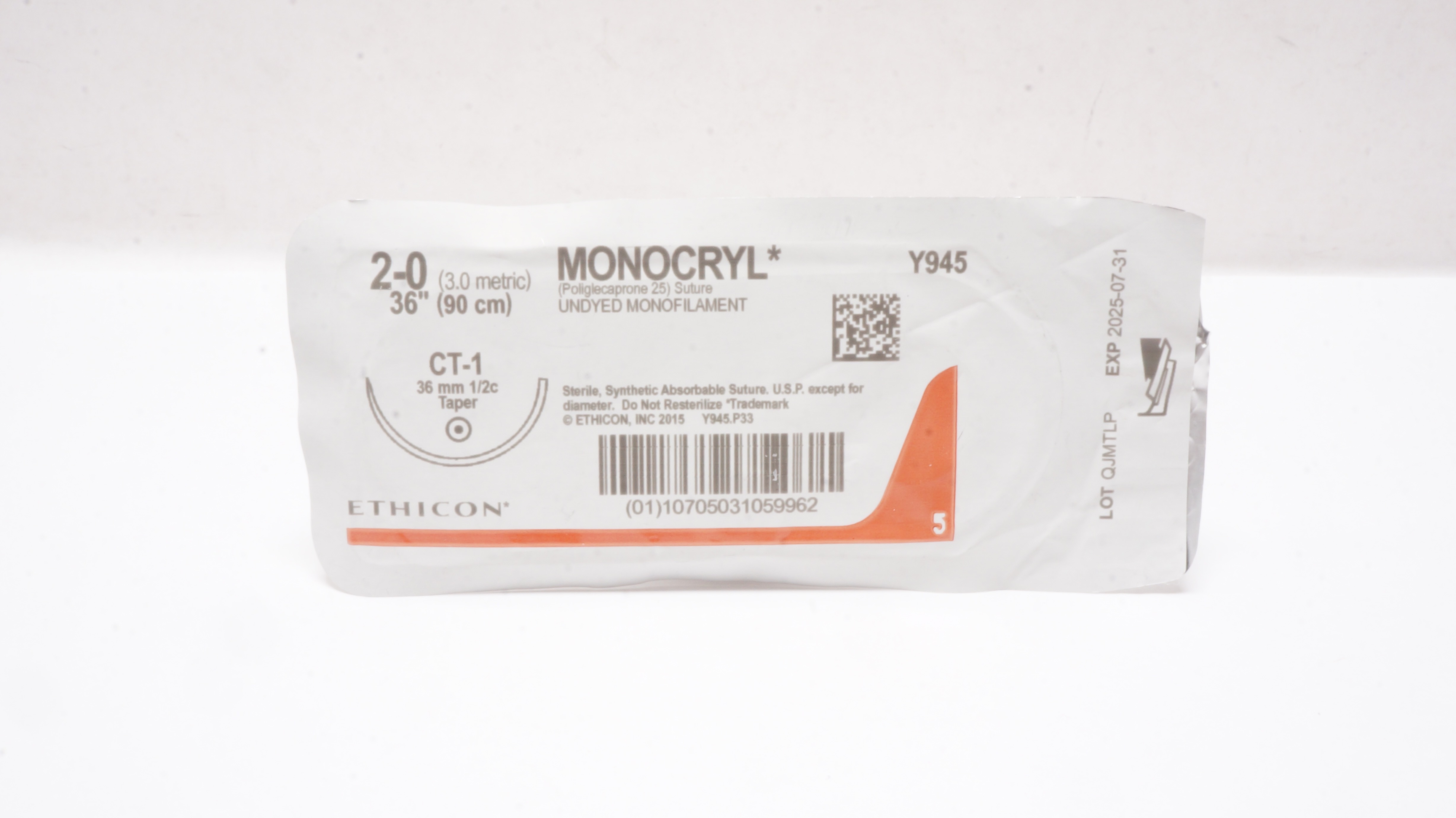Ethicon Y945 2-0 MONOCRYL Poliglecaprone 25 Stre CT-1 36mm 1/2c Taper 36inch