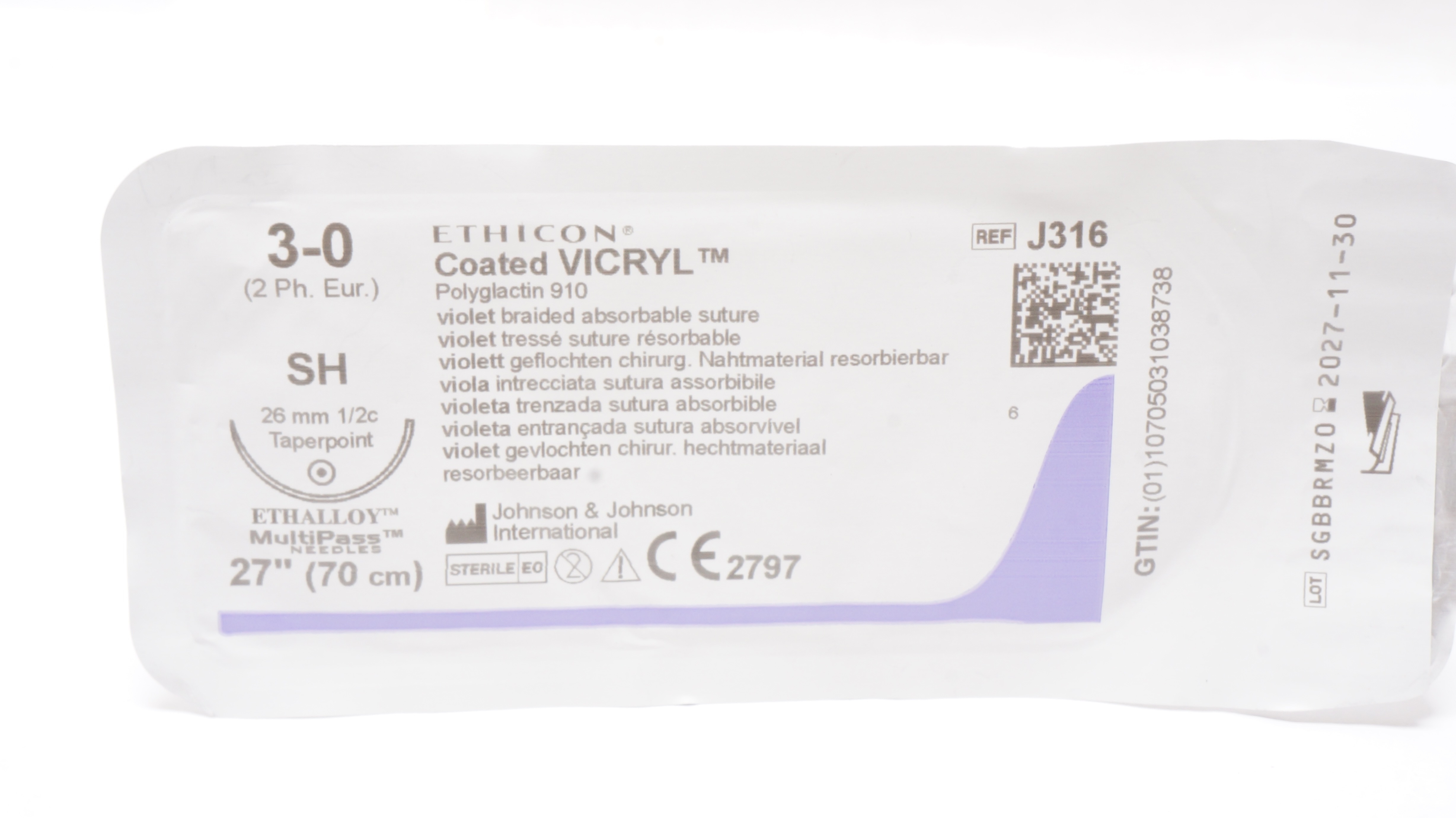 Ethicon J316 3-0 Coated VICRYL Polyglactin Stre, SH 26mm 1/2c Taperpoint 27inch