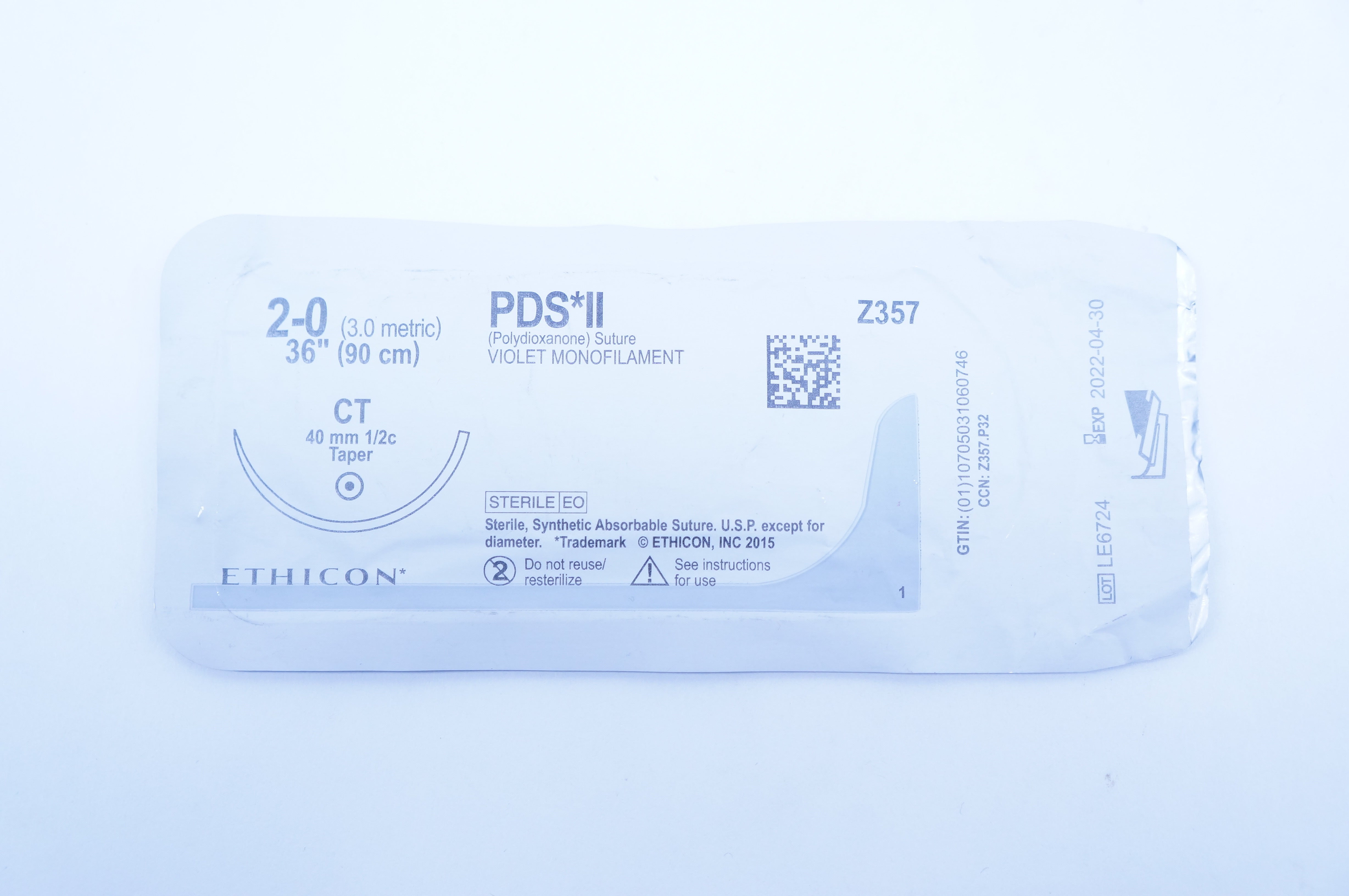 Ethicon Z357 2-0 PDS II Polydioxanone Stre CT 40mm 1/2c Taper, 36inch (x)