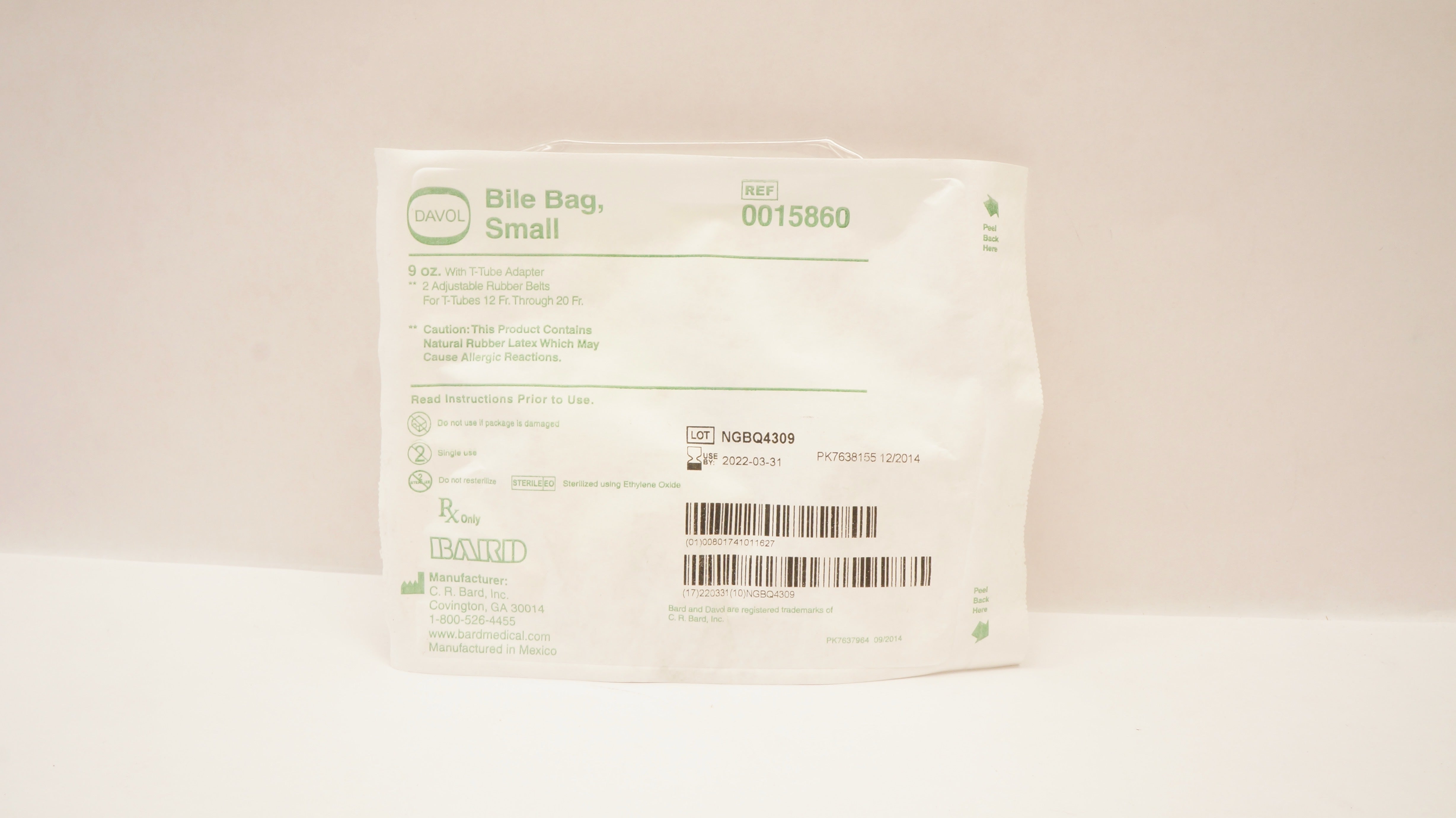 Bard 0015860 Davol Bile Bag Small 9oz  with T-Tube Adapter (x)