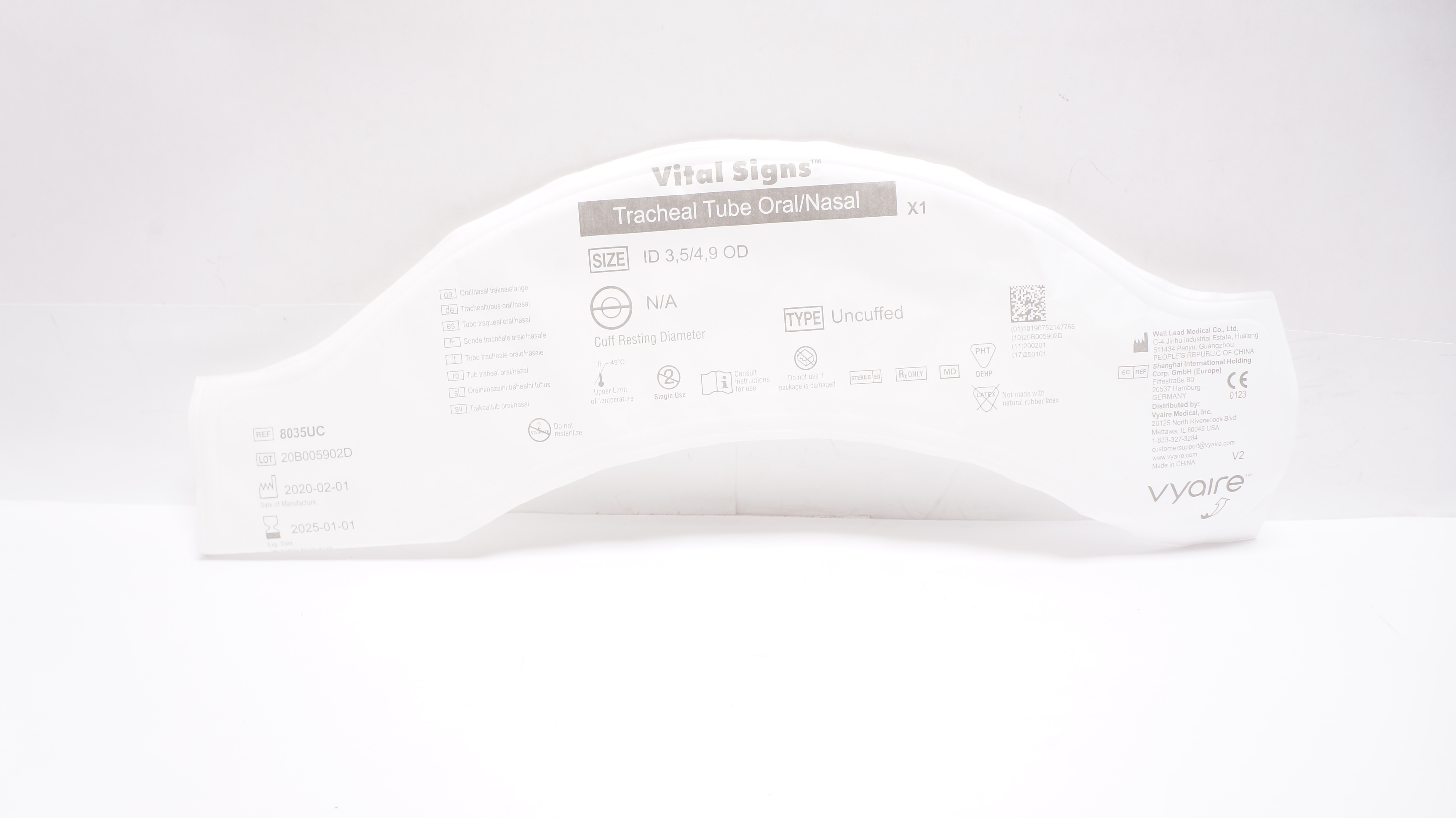 Vital Signs 8035UC Well Lead Medical Tracheal Tube Oral/Nasal, Uncuffed 3,5/4 ID