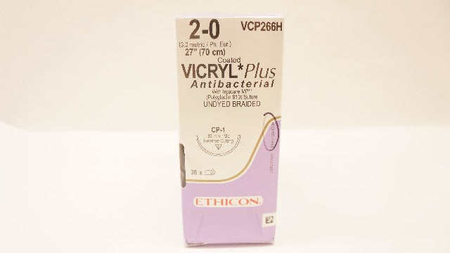 Ethicon VCP266H 2-0 VICRYL Plus CP-1 36mm 1/2c Reverse Cutting 27in(x)-Box of 36