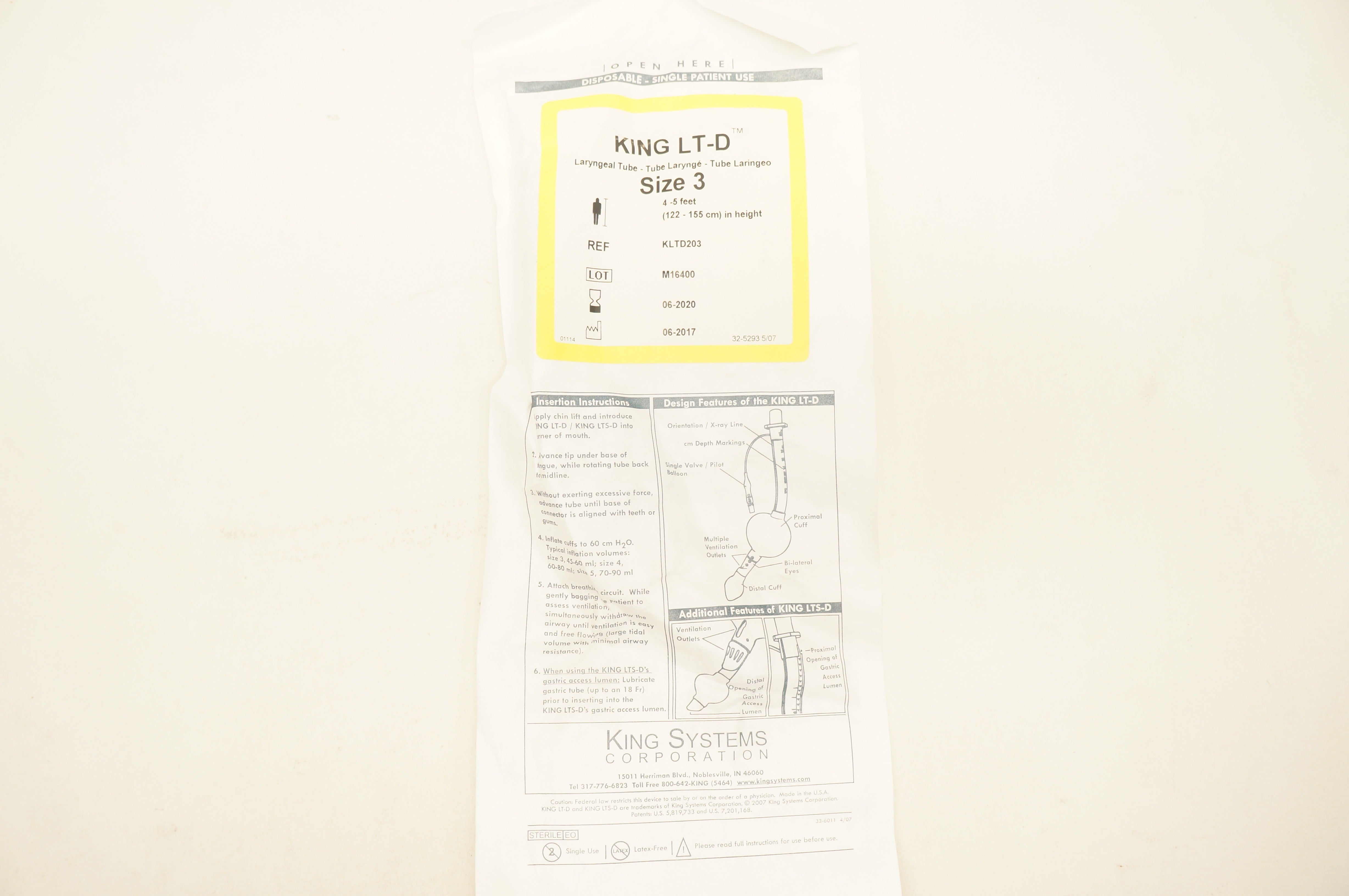 King System KLTD203 King LT-D Laryngeal Tube Size 3 4-5 Feet  (x)