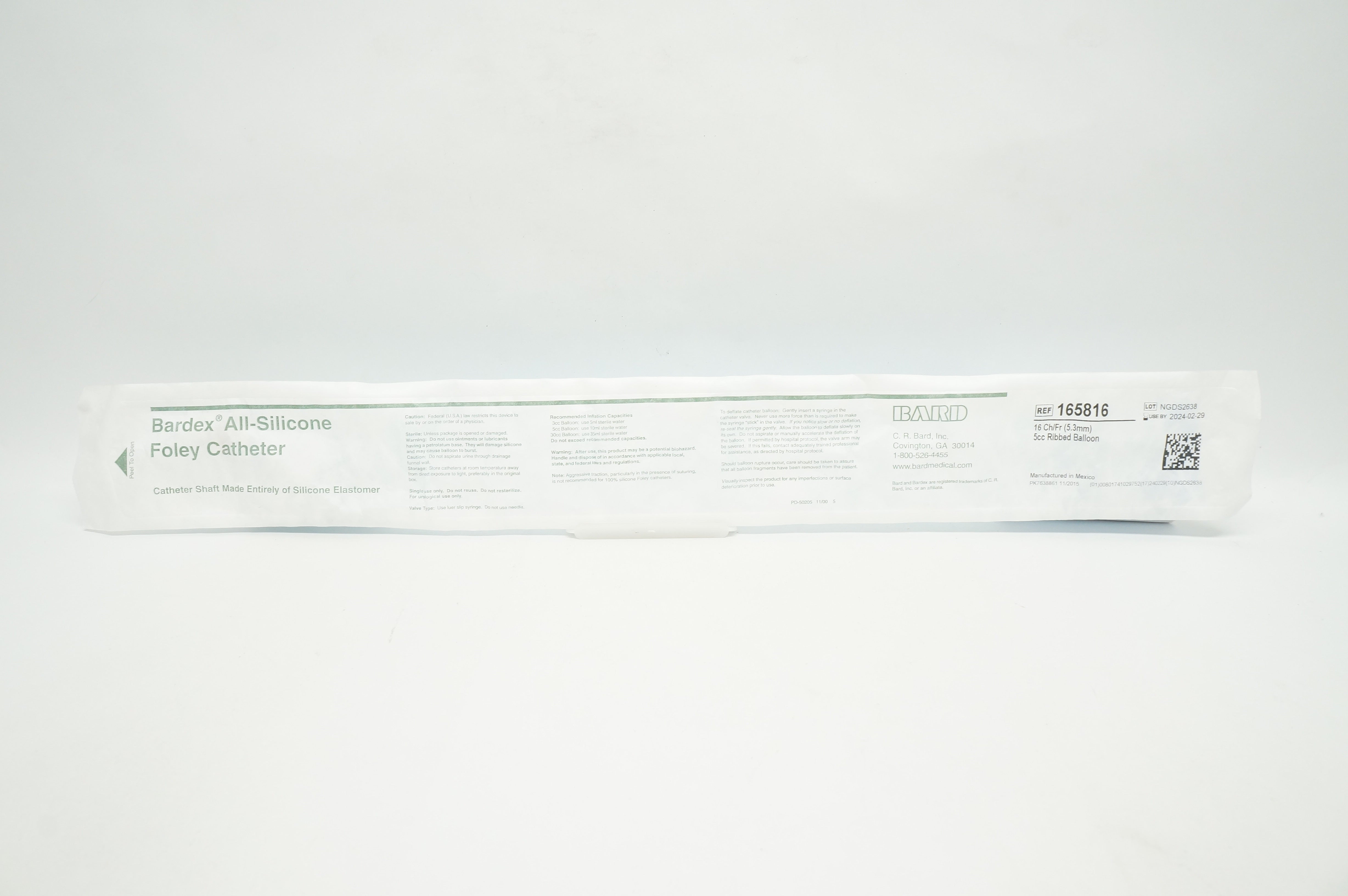 Bard 165816 Bardex All-Silicone Foley Cath. 16Fr 5cc Ribbed Balloon