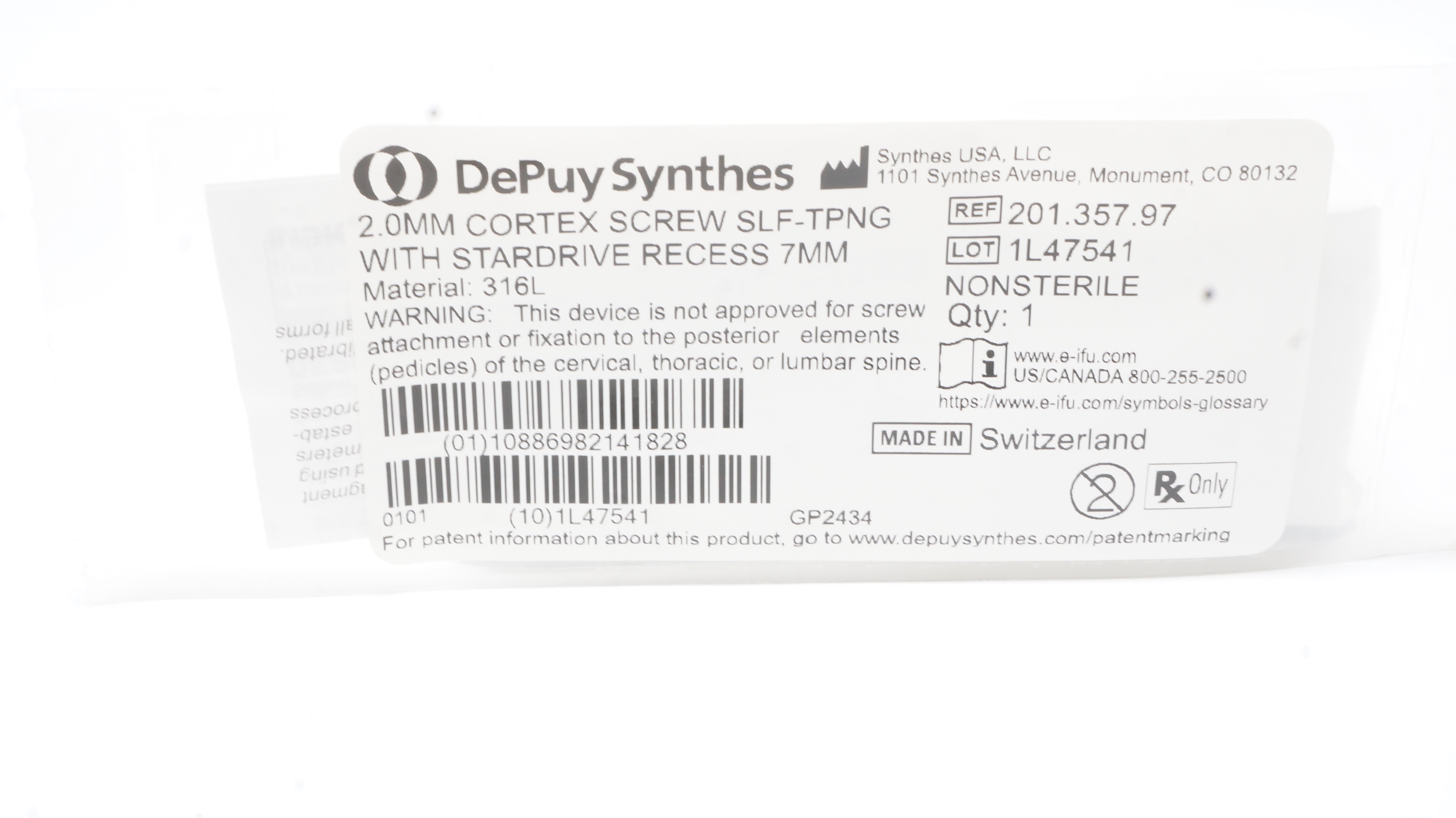 Synthes 201.357.97 DePuy 2.0mm Cortex Screw Self-Tapping W/Stardrive Recess 7mm