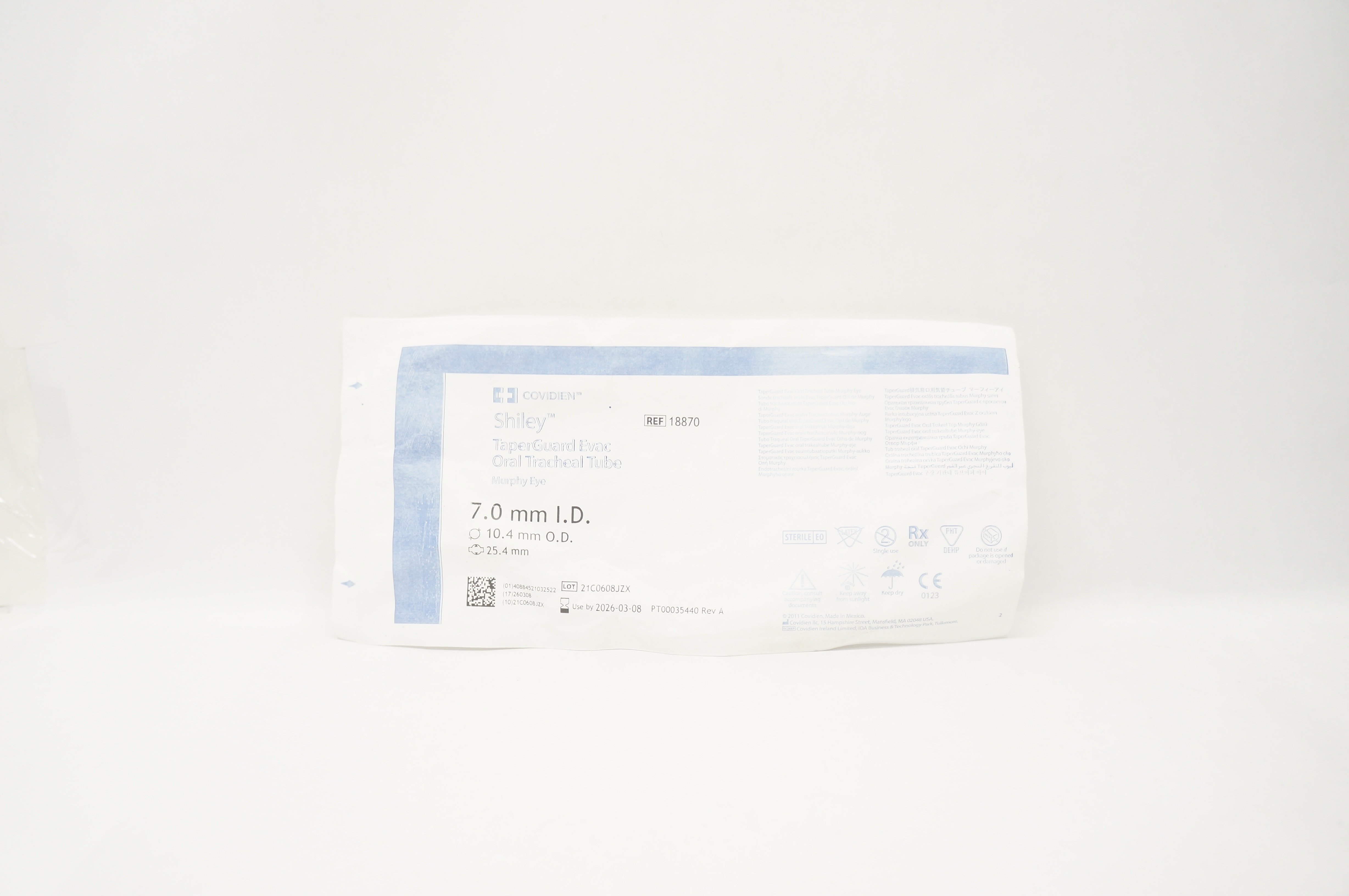 Covidien 18870 Shiley TaperGuard EVac Oral Tracheal tube 7.0ID x 10.4OD x 25.4mm