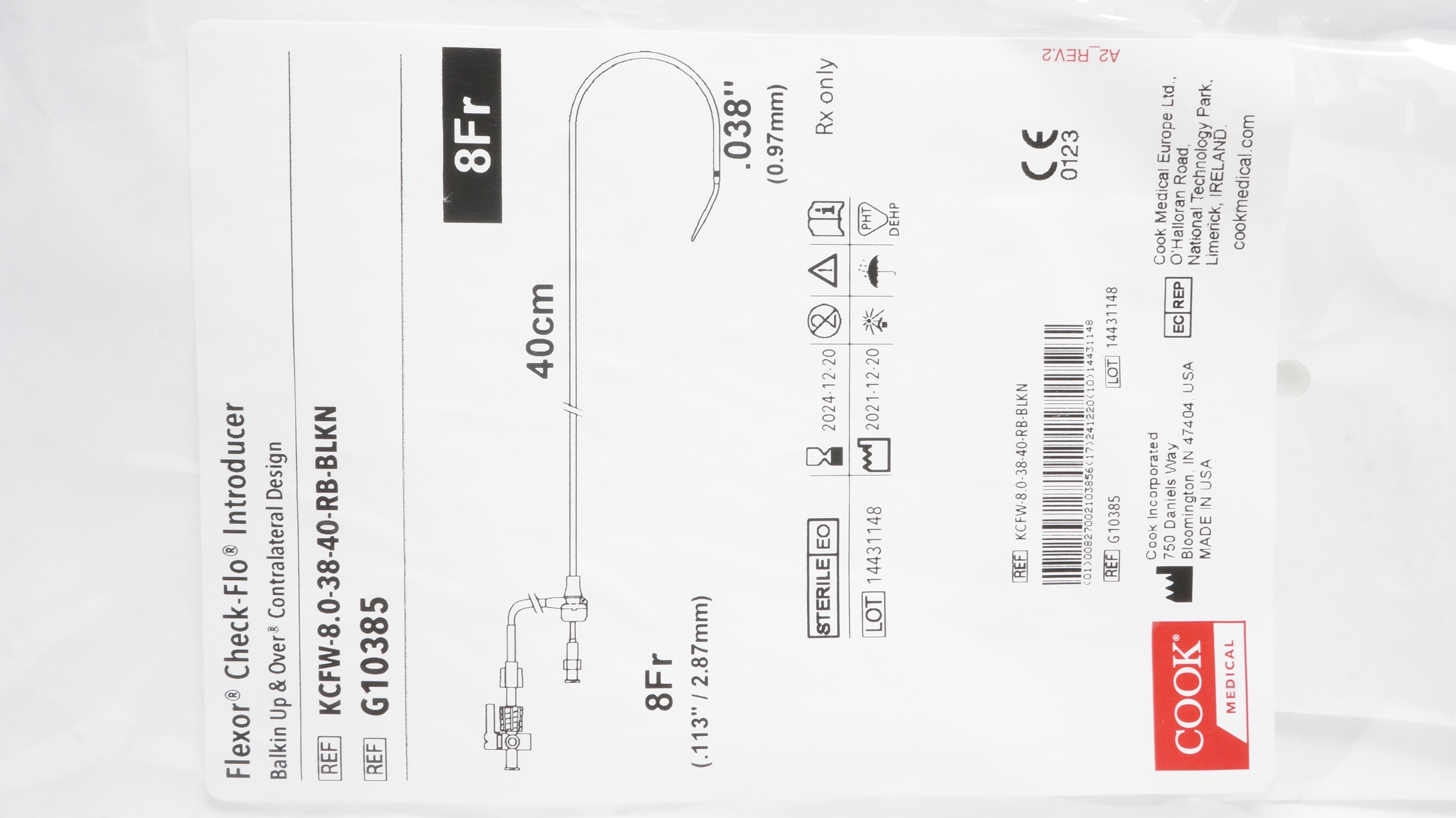 Cook Medical G10385 Flexor Check-Flo Introducer 8Fr, 40cm x .038inch (x)