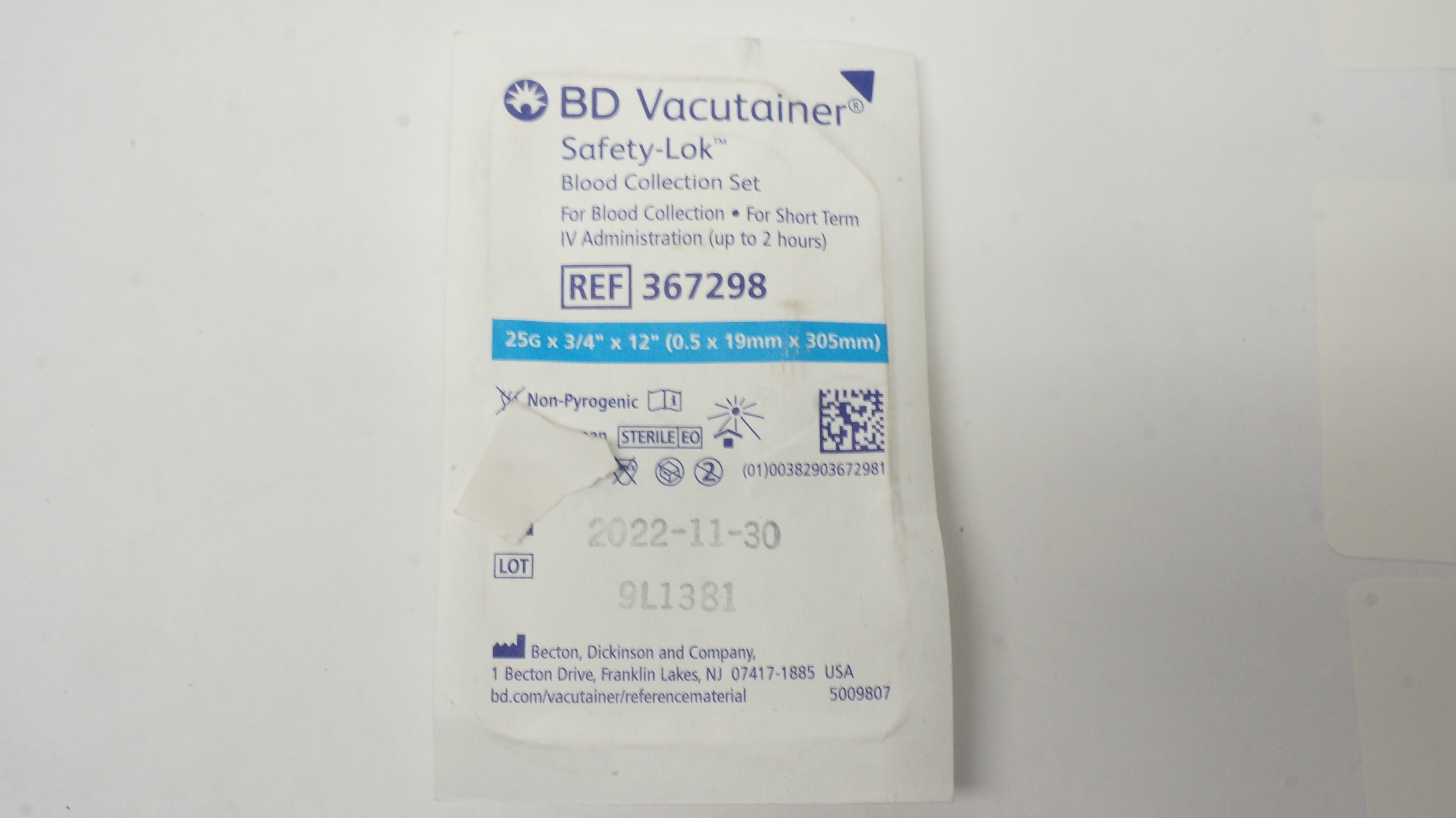 BD 367298 Vacutainer Safety-Lok Blood Collection Set 25G x 3/4inch x 12inch