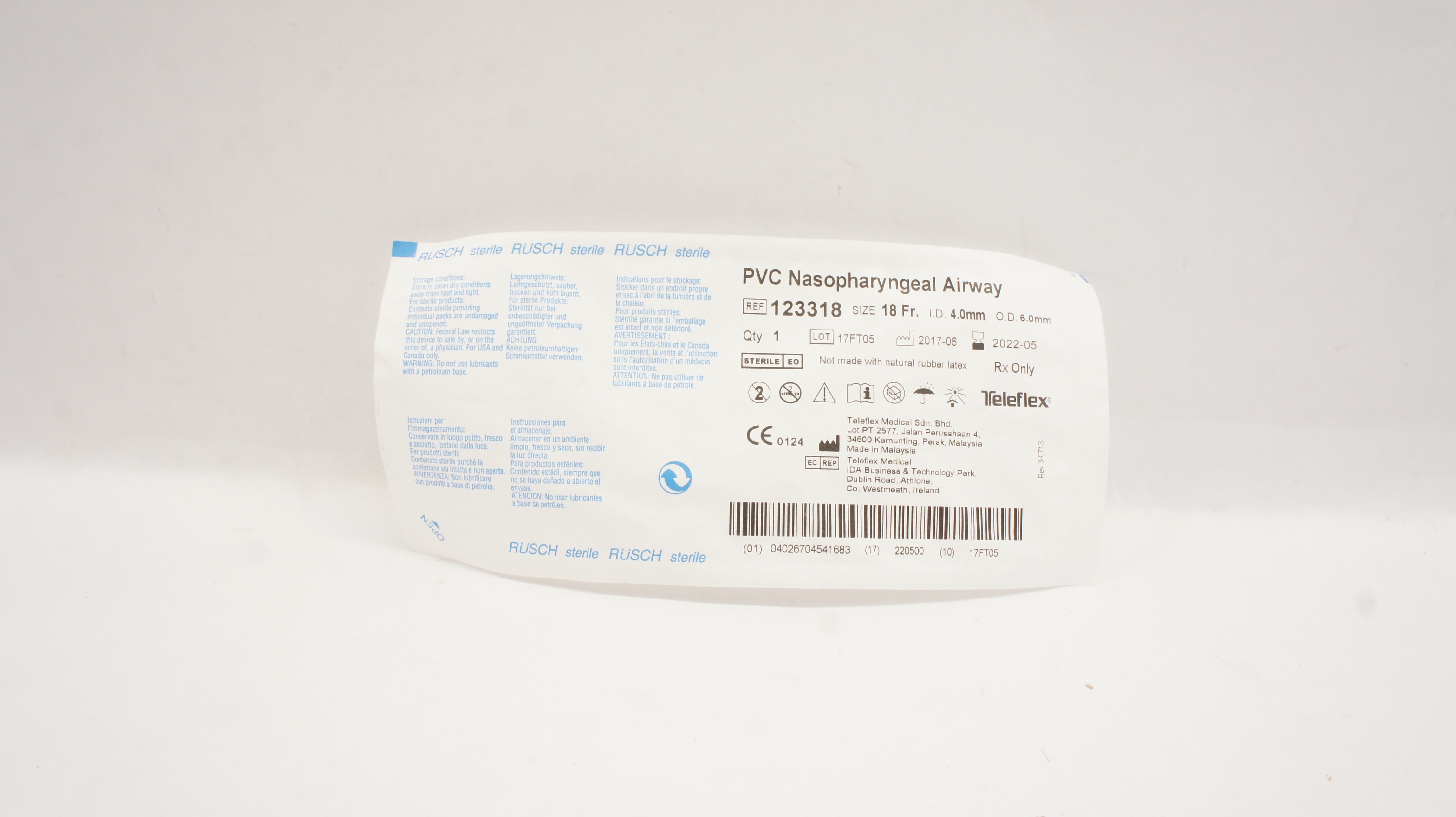 Teleflex 123318 Rusch PVC Nasopharyngeal Airway 18Fr x ID 4.0mm x OD 6.0mm (x)