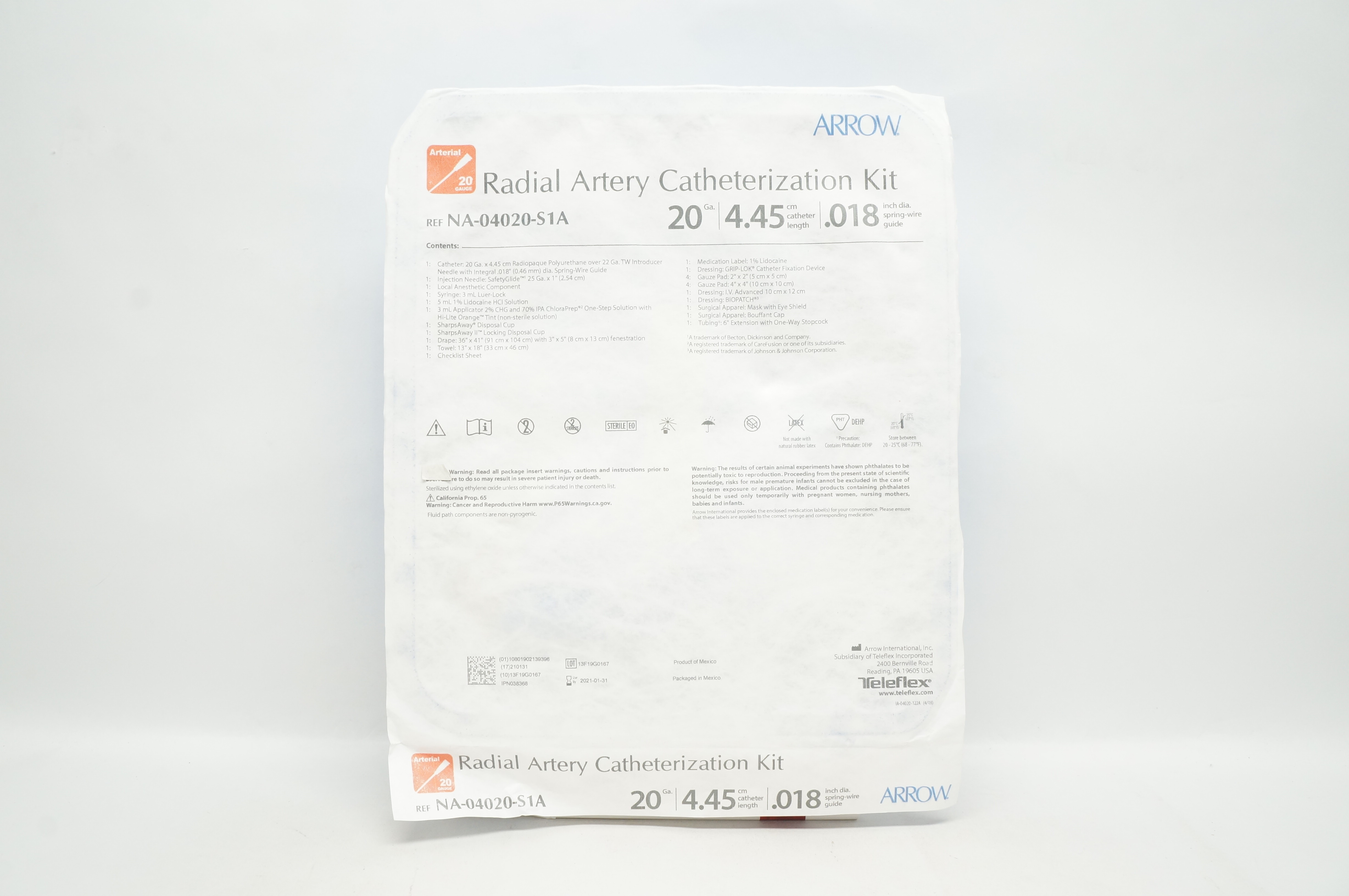 Arrow NA-04020-S1A Radial Artery Catheterization Kit 20Ga x4.45cmx0.018inch (x)