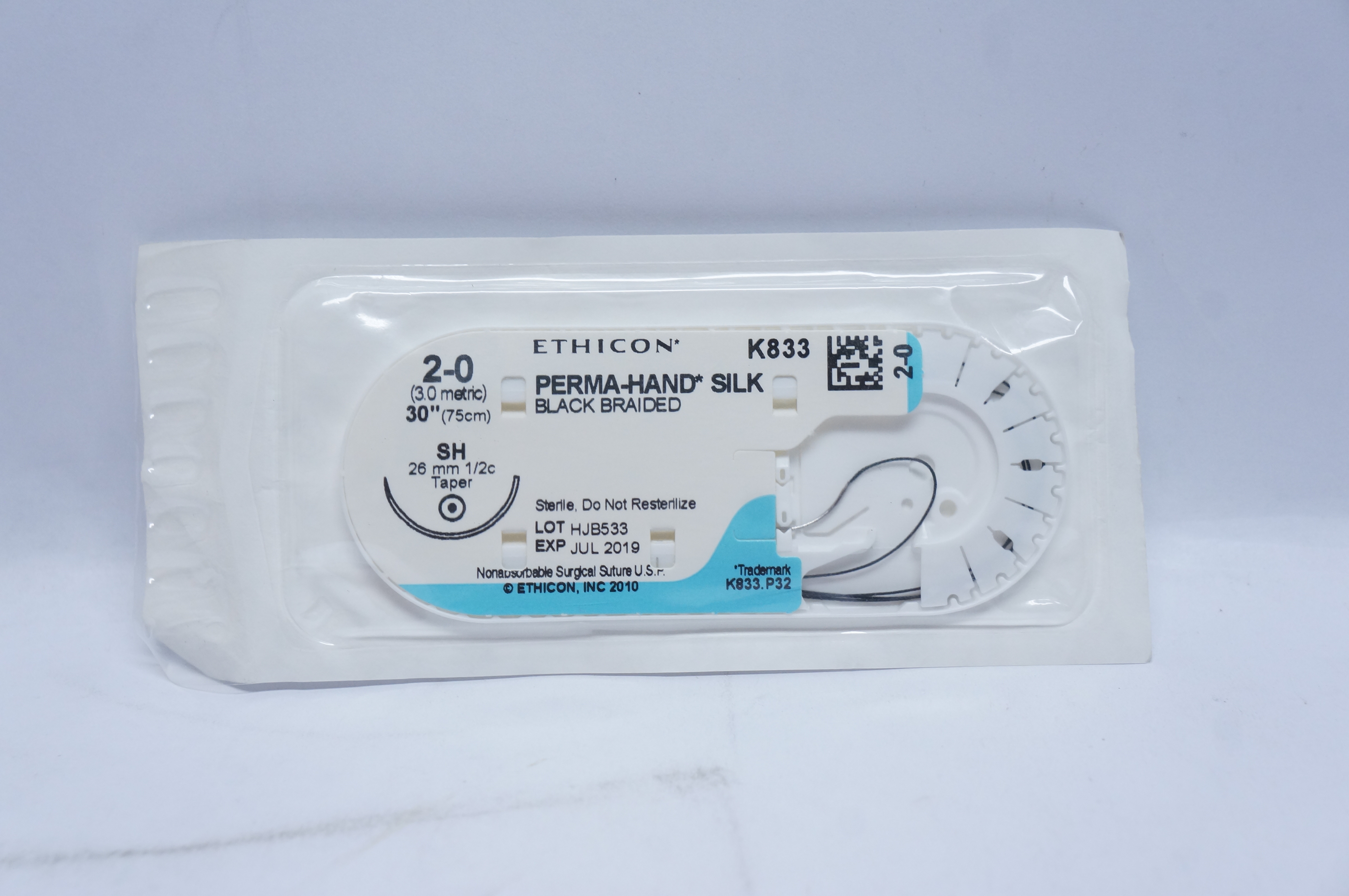 Ethicon K833 2-0 PERMA-HAND SILK Stre SH 26mm 1/2c Taper, 30inch (x)