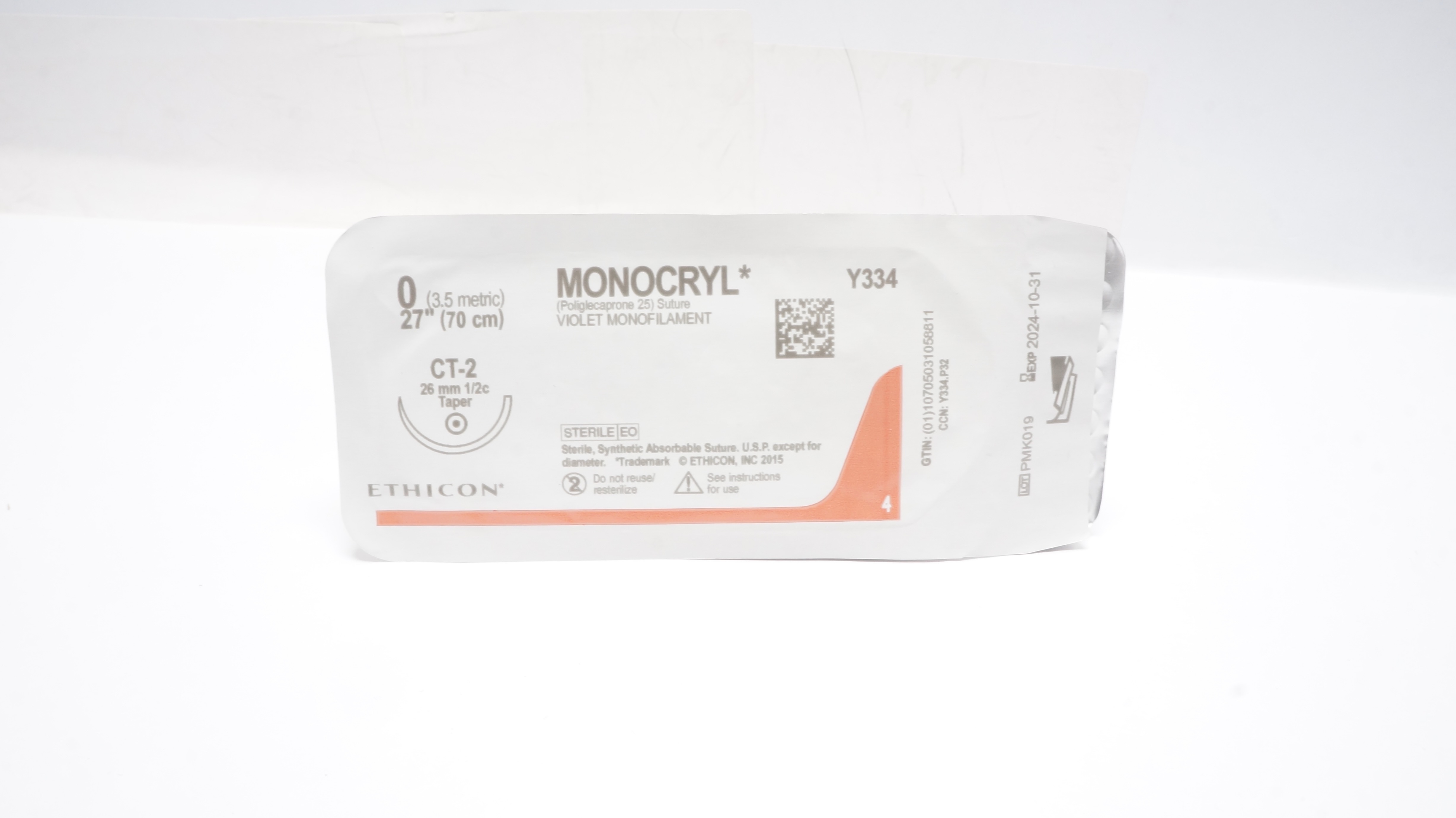 Ethicon Y334 0 MONOCRYL Poliglecaprone Stre CT-2 26mm 1/2c Taper, 27inch (x)