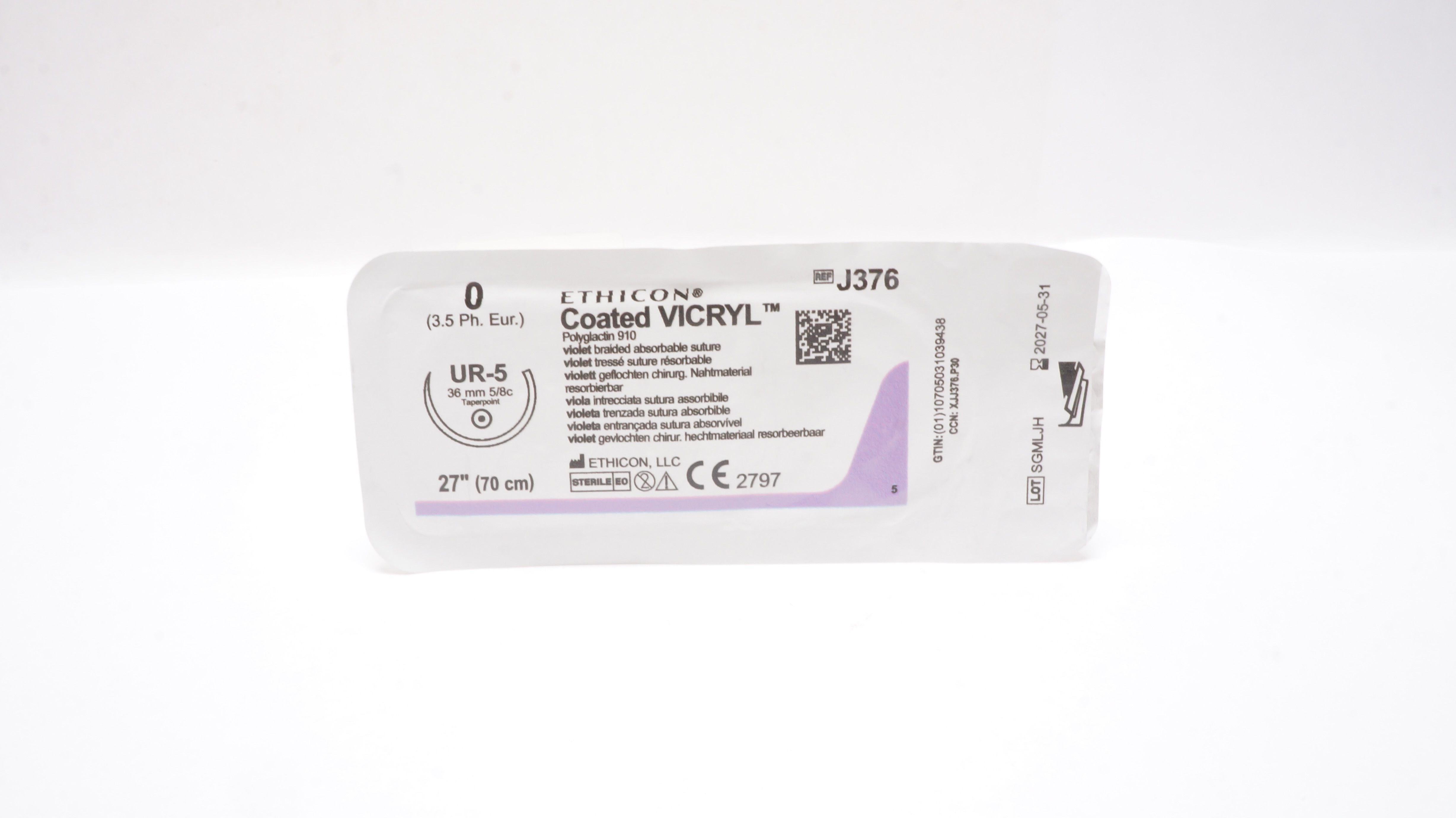 Ethicon J376 0 Coated VICRYL Polyglactin 910 Stre UR-5 36mm 5/8c Taper, 27inch