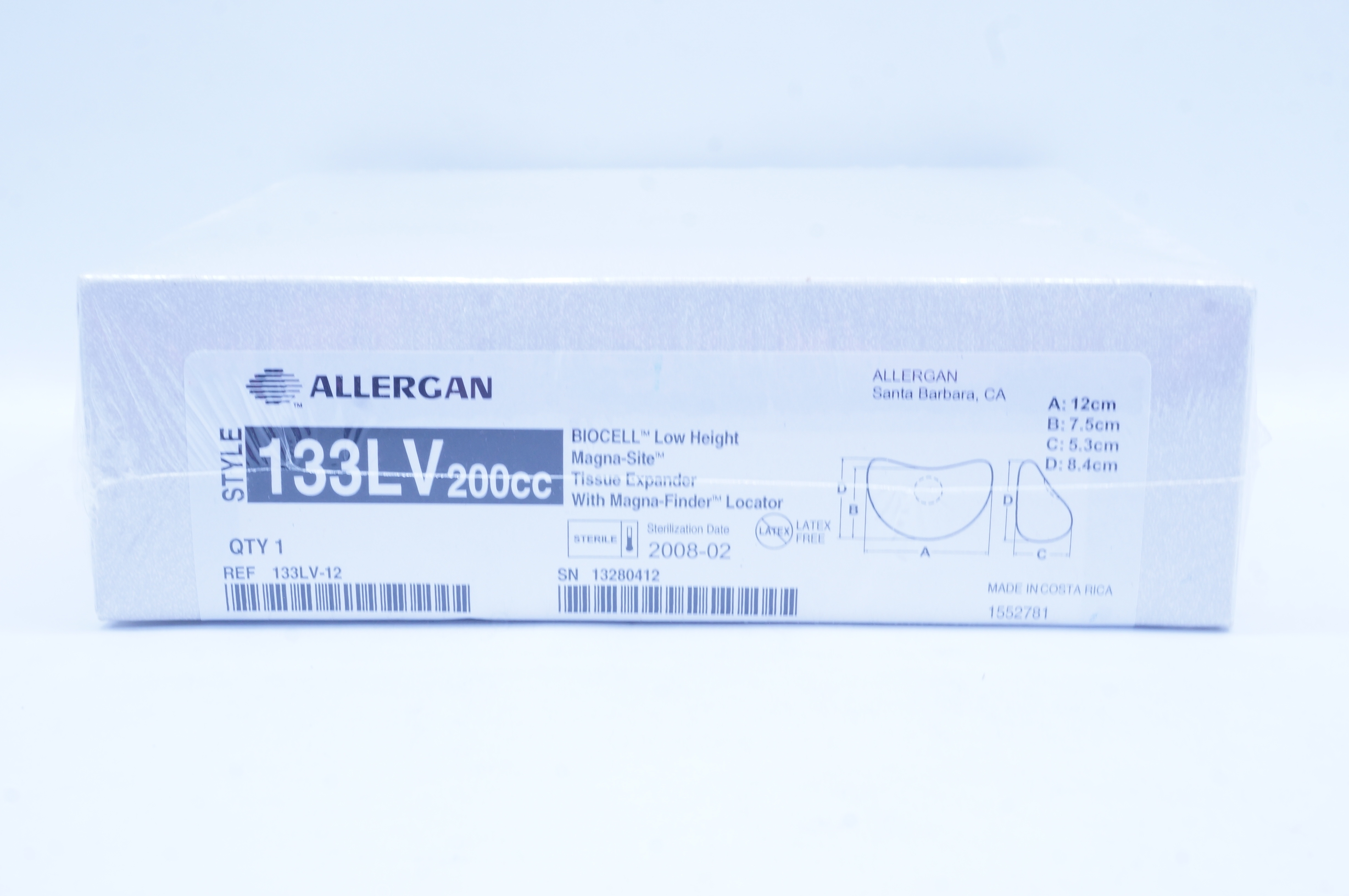 Allergan 133LV-12 Magna Site Tissue Expander 133LV 200cc  12 x 7.5 x 5.3 x 8.4cm