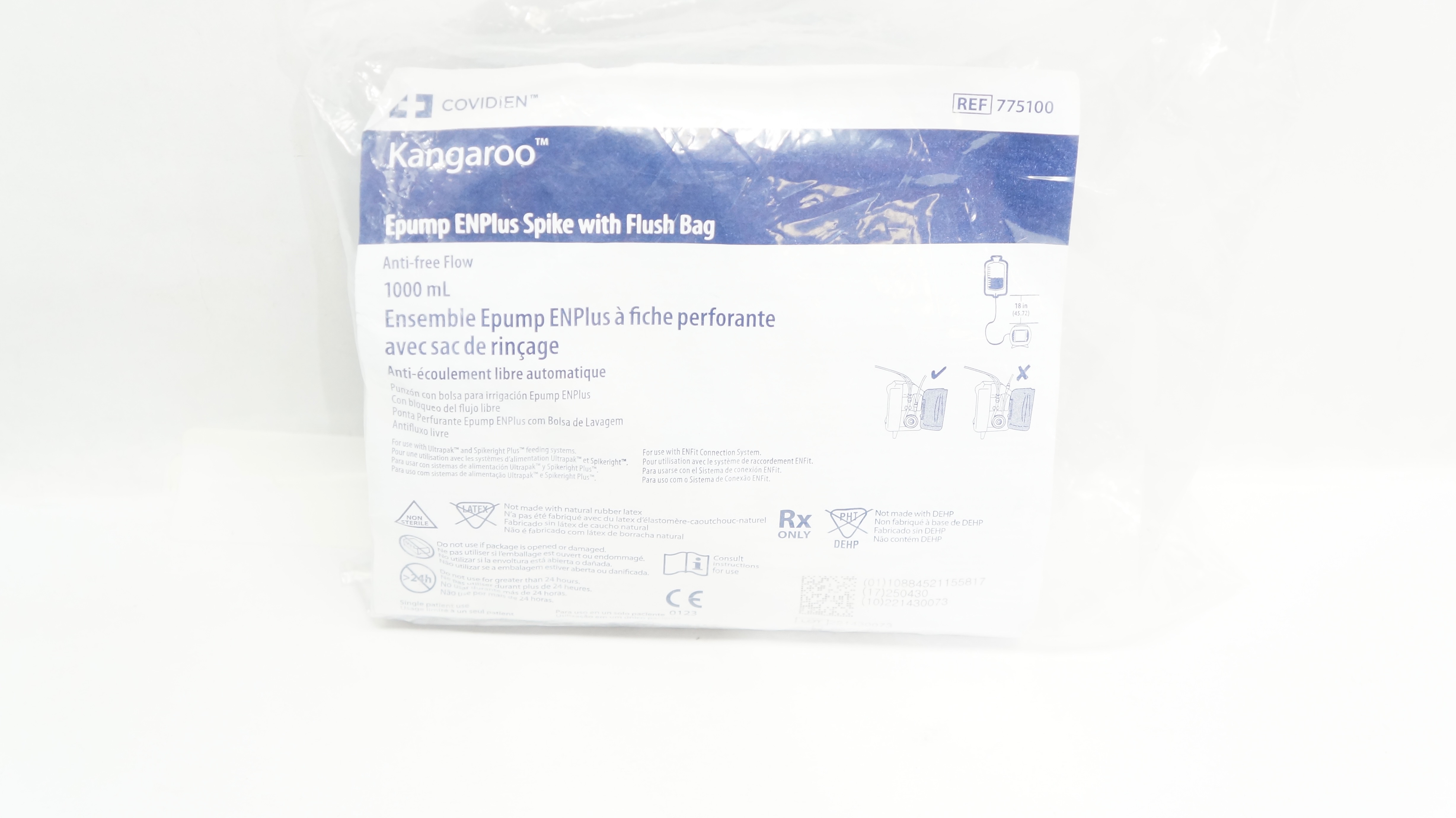 Covidien 775100 Kangaroo Epump ENPlus Spike with Flush Bag 1000mL