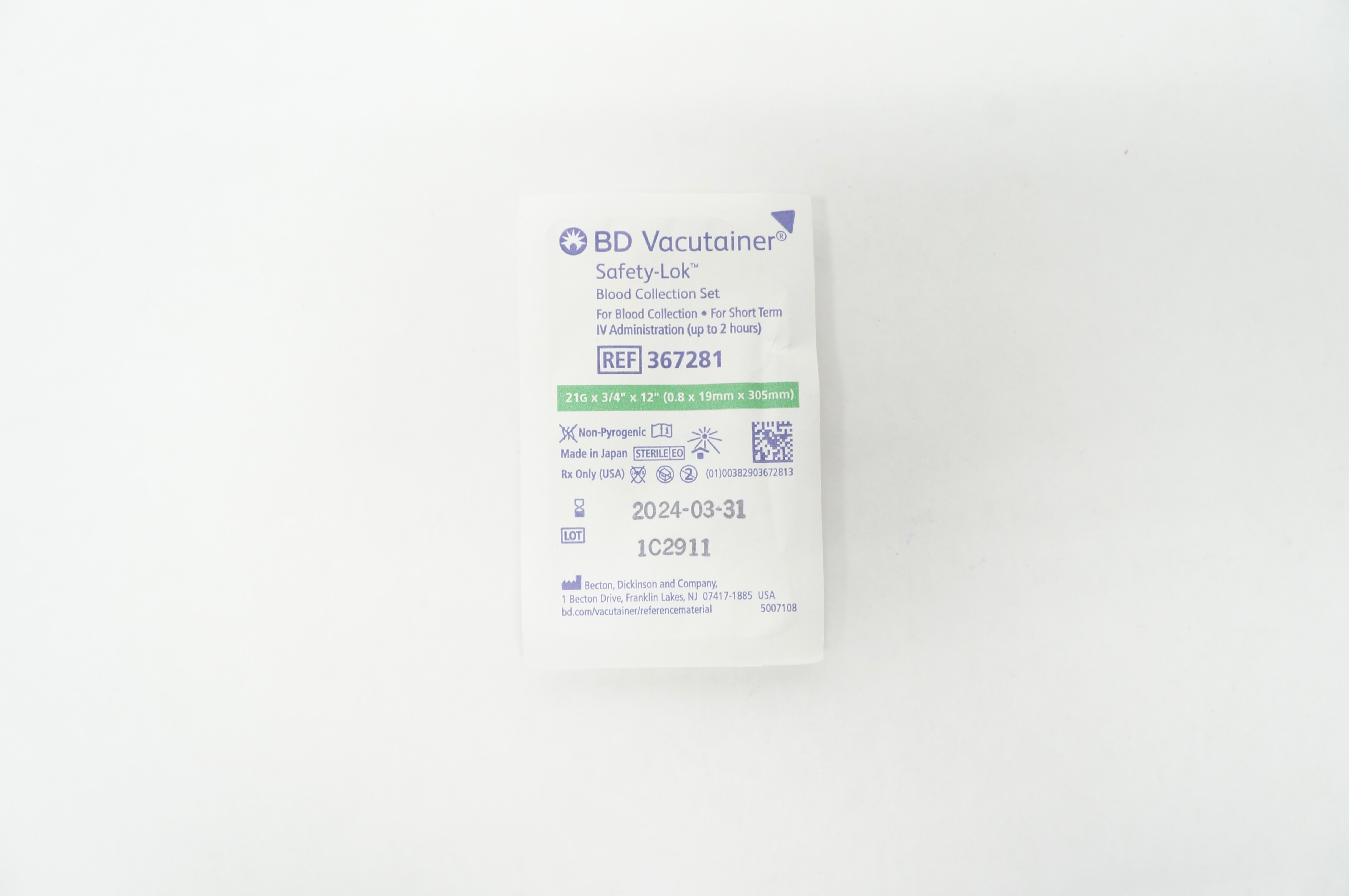 BD 367281 Vacutainer Safety-Lok Blood Collection Set 21G x 3/4inch x 12inch