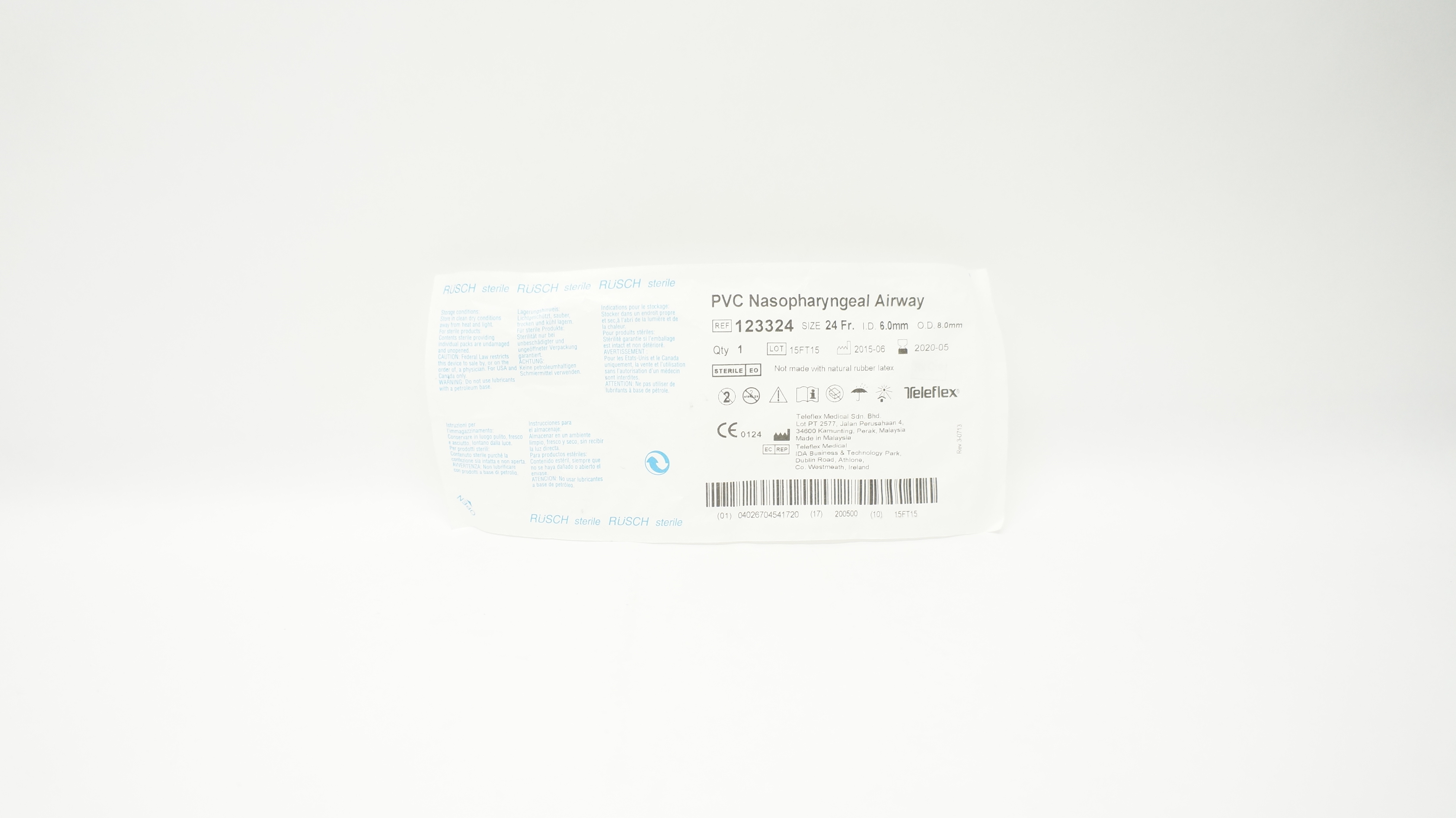 Teleflex 123324 Rusch PVC Nasopharyngeal Airway 24 Fr x 6.0mm ID x 8.0mm OD (x)