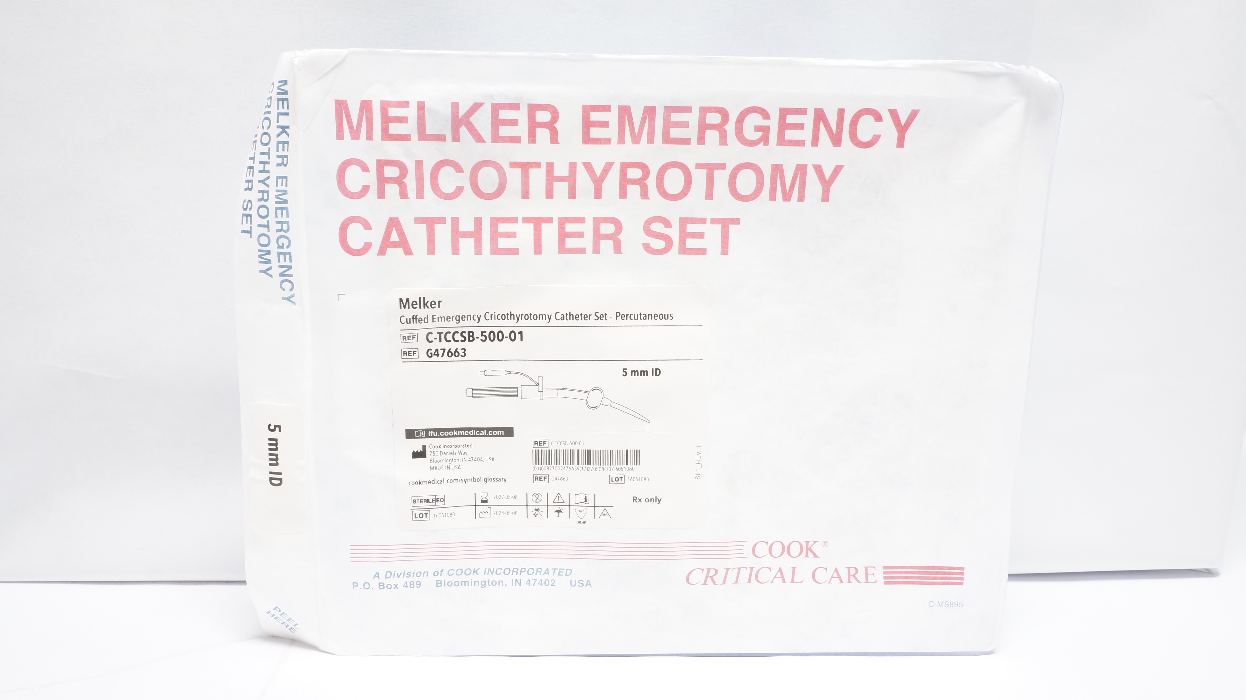 Cook G47663 Melker Cuffed Emergency Cricothyrotomy Cath. Set, 5mm ID