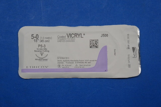 Ethicon J500 5-0 VICRYL, PS-3 16mm 3/8c Reverse Cutting, Undyed Braided, 18