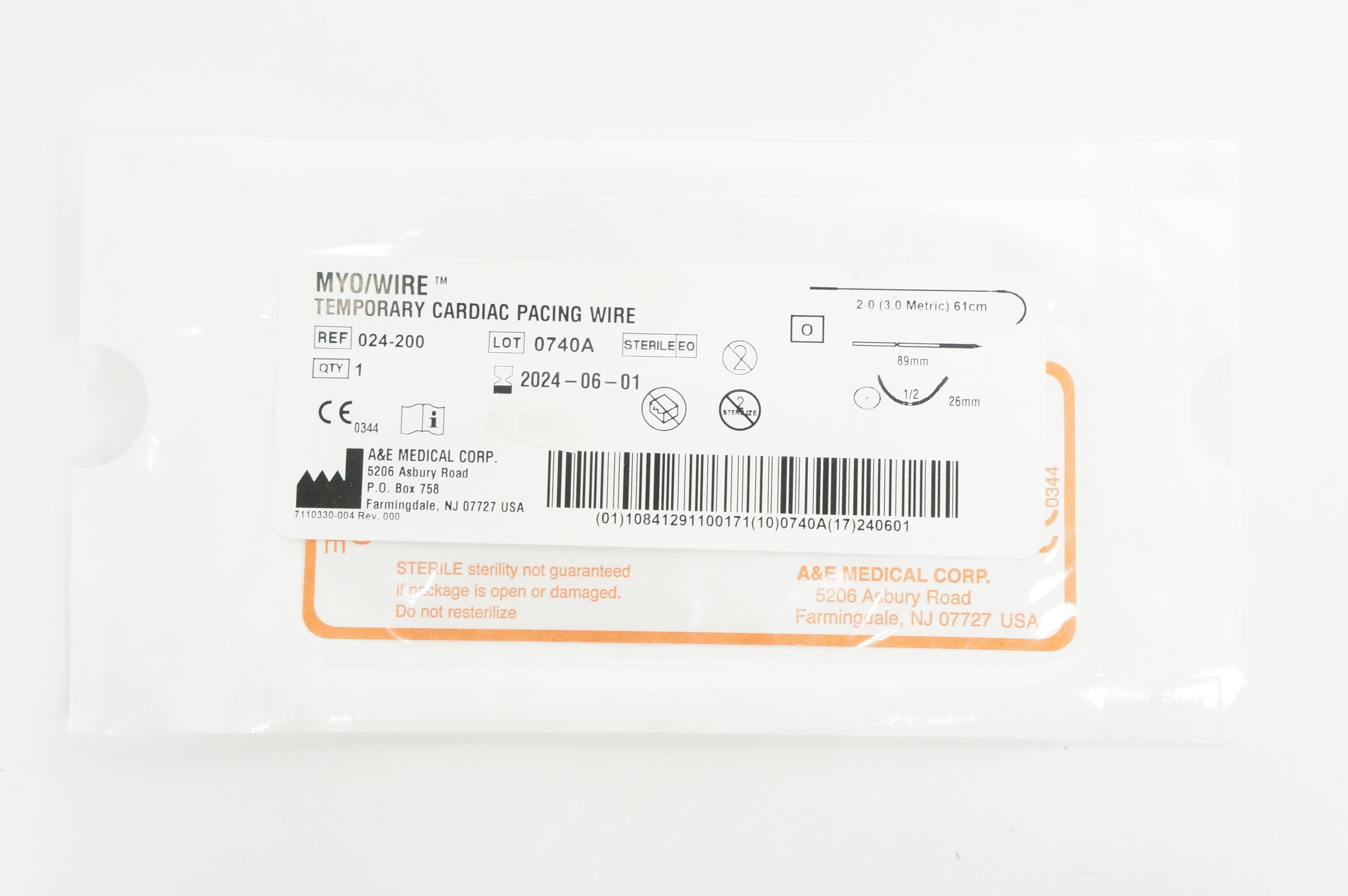 Myo/Wire 024-200 2.0 Medical Temporary Cardiac Pacing Wire 1/2 26mm, 61cm