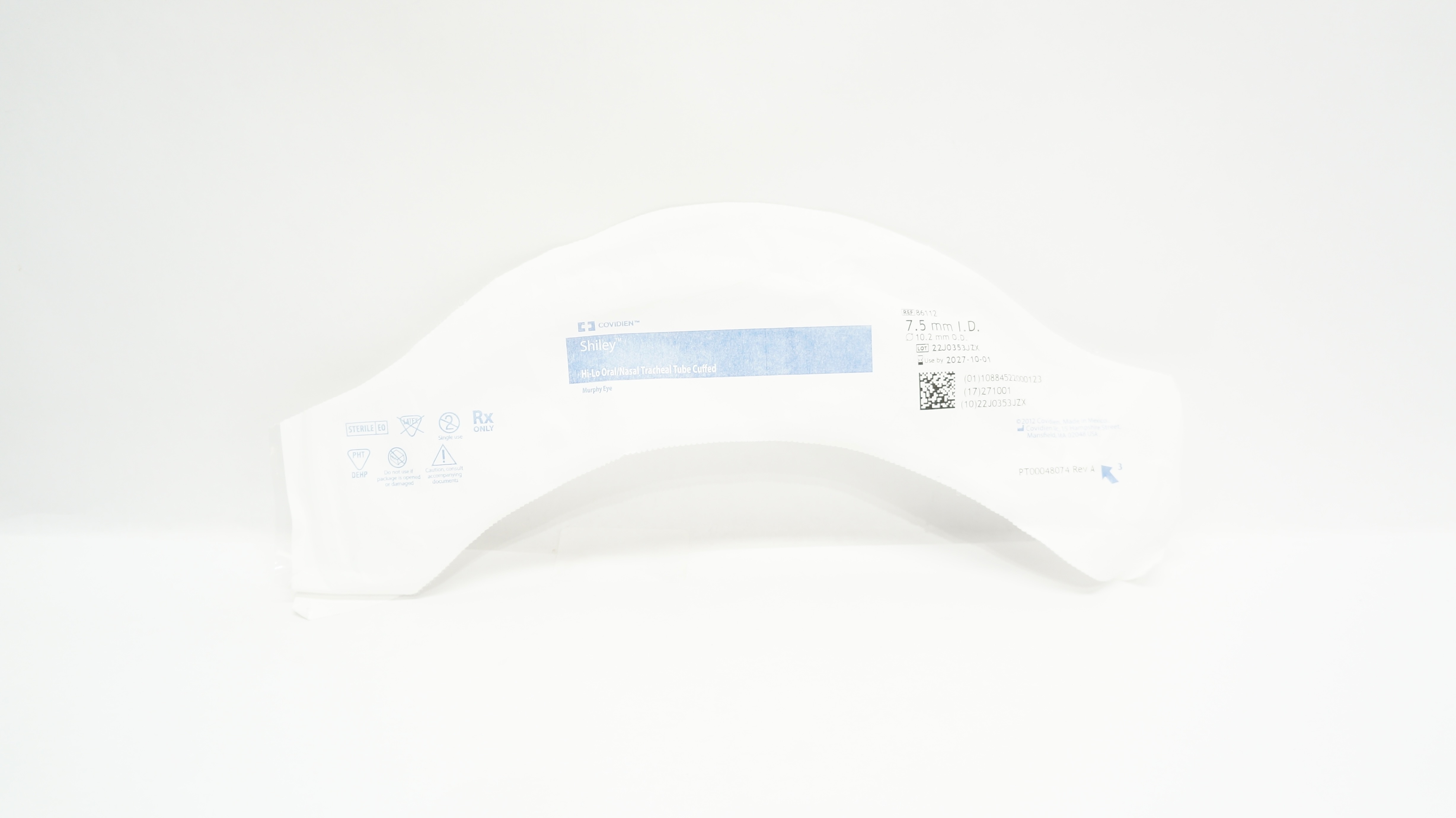 Covidien 86112 Shiley Hi-Lo Oral/Nasal Tracheal Tube Cuffed 7.5mm ID x 10.2mm OD