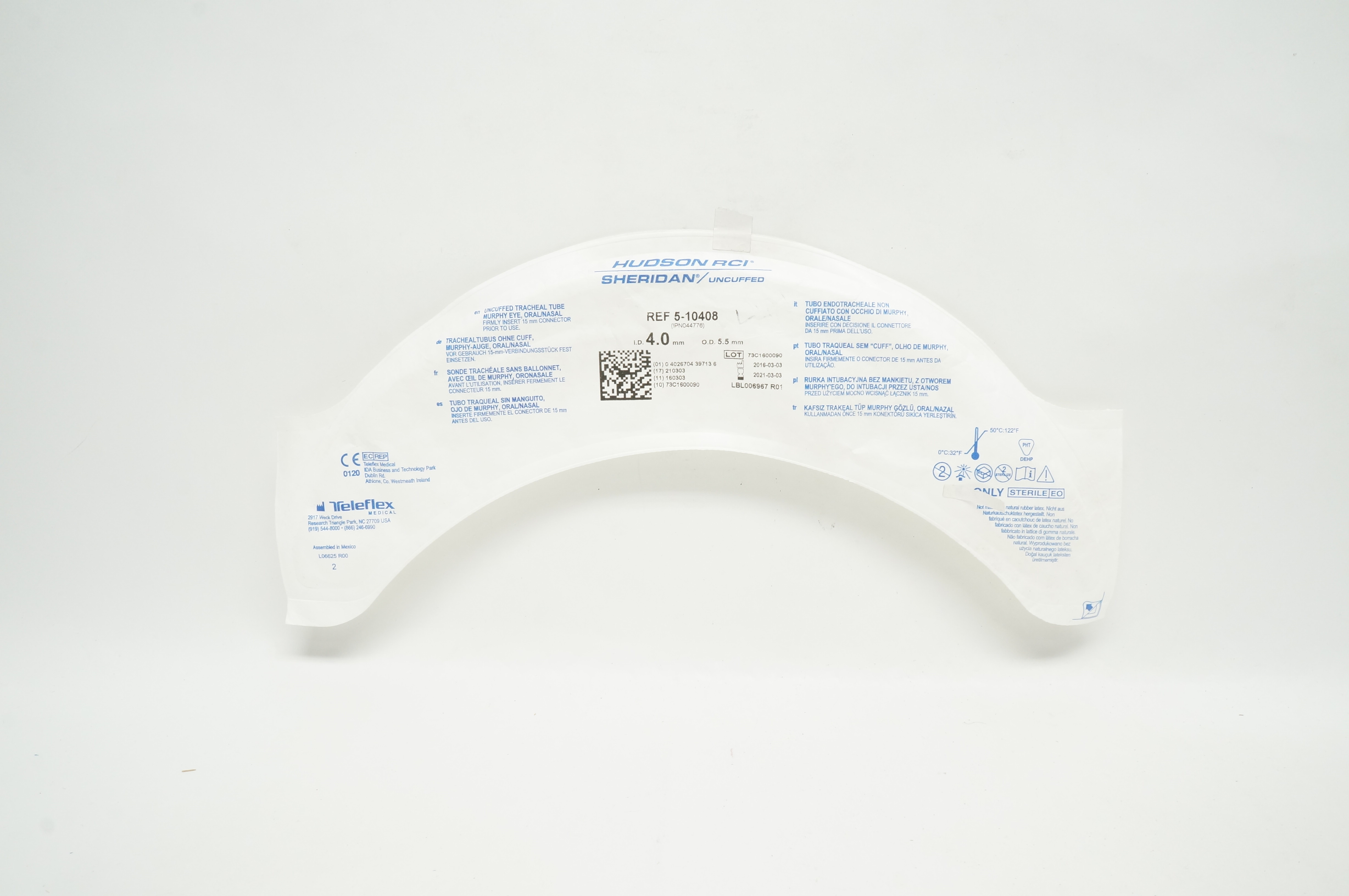 Teleflex 5-10408 Hudson RCI Sheridan Uncuffed Tracheal Tube 4.0 ID x 5.5mm OD(x)