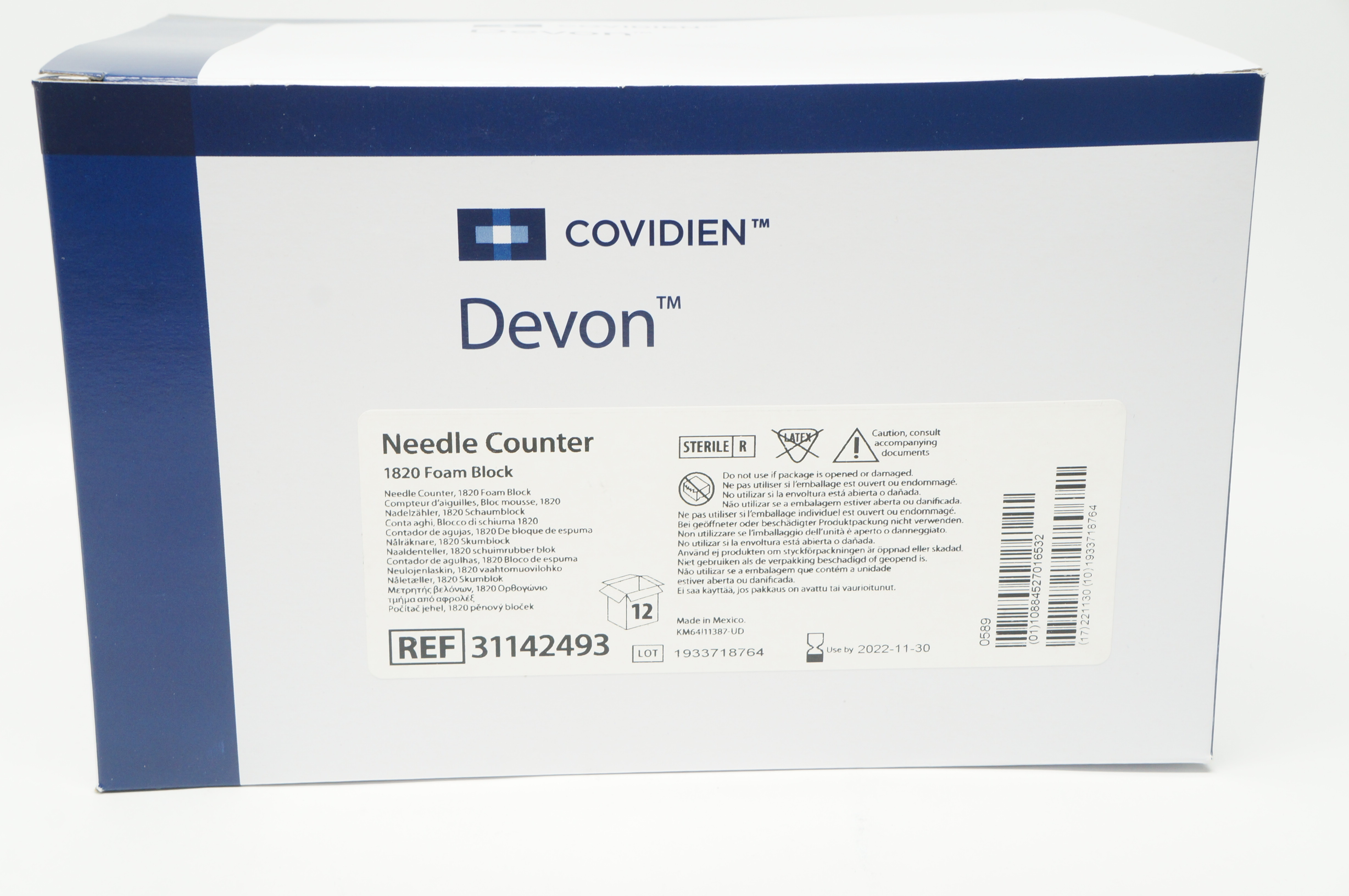 Covidien 31142493 Devon Ndle Counter 1820 Foam Block - Box of 12