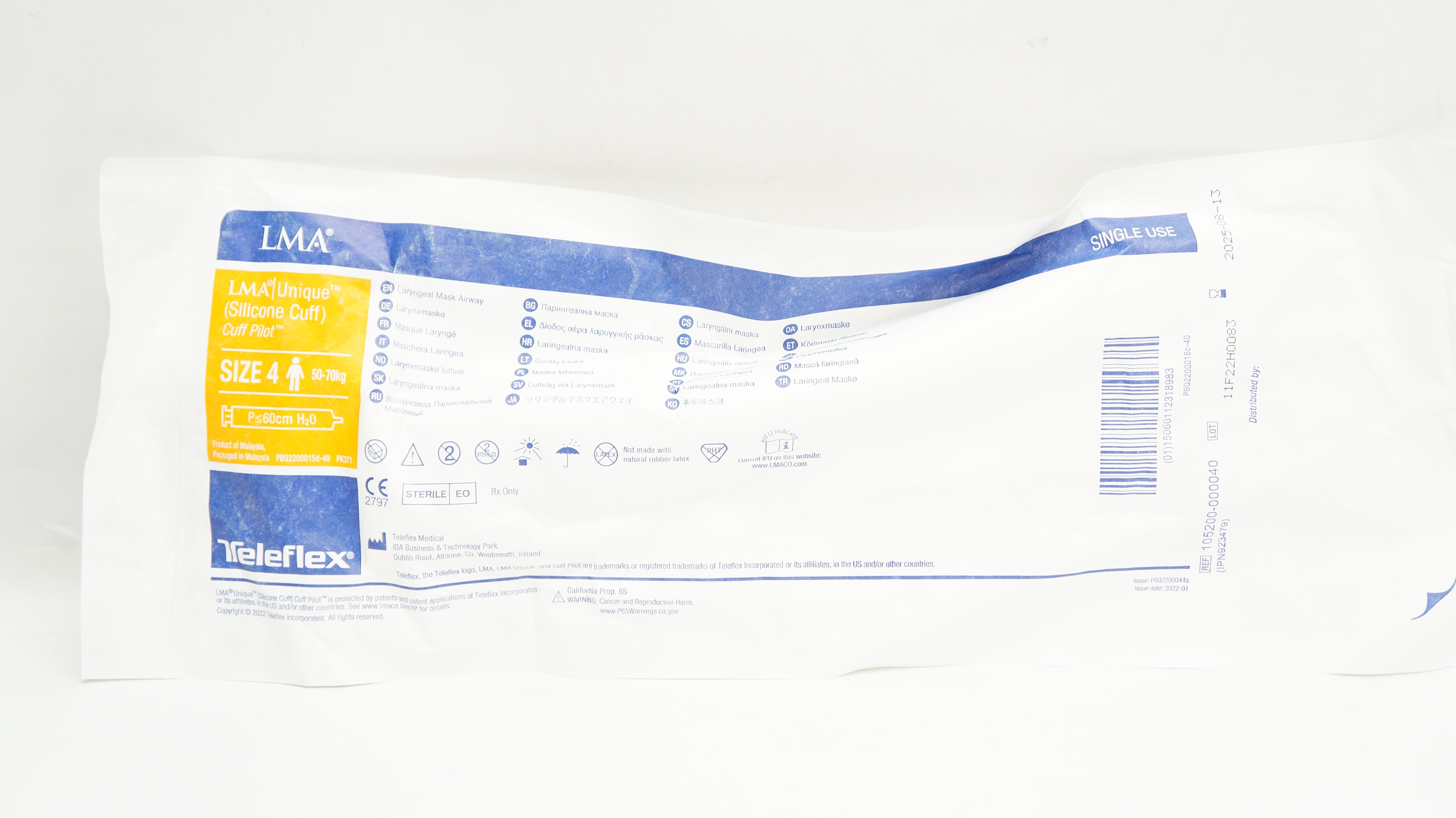 Teleflex 105200-000040 LMA Unique Cuff Pilot Laryngeal MaskAirway Size 4 50-70kg