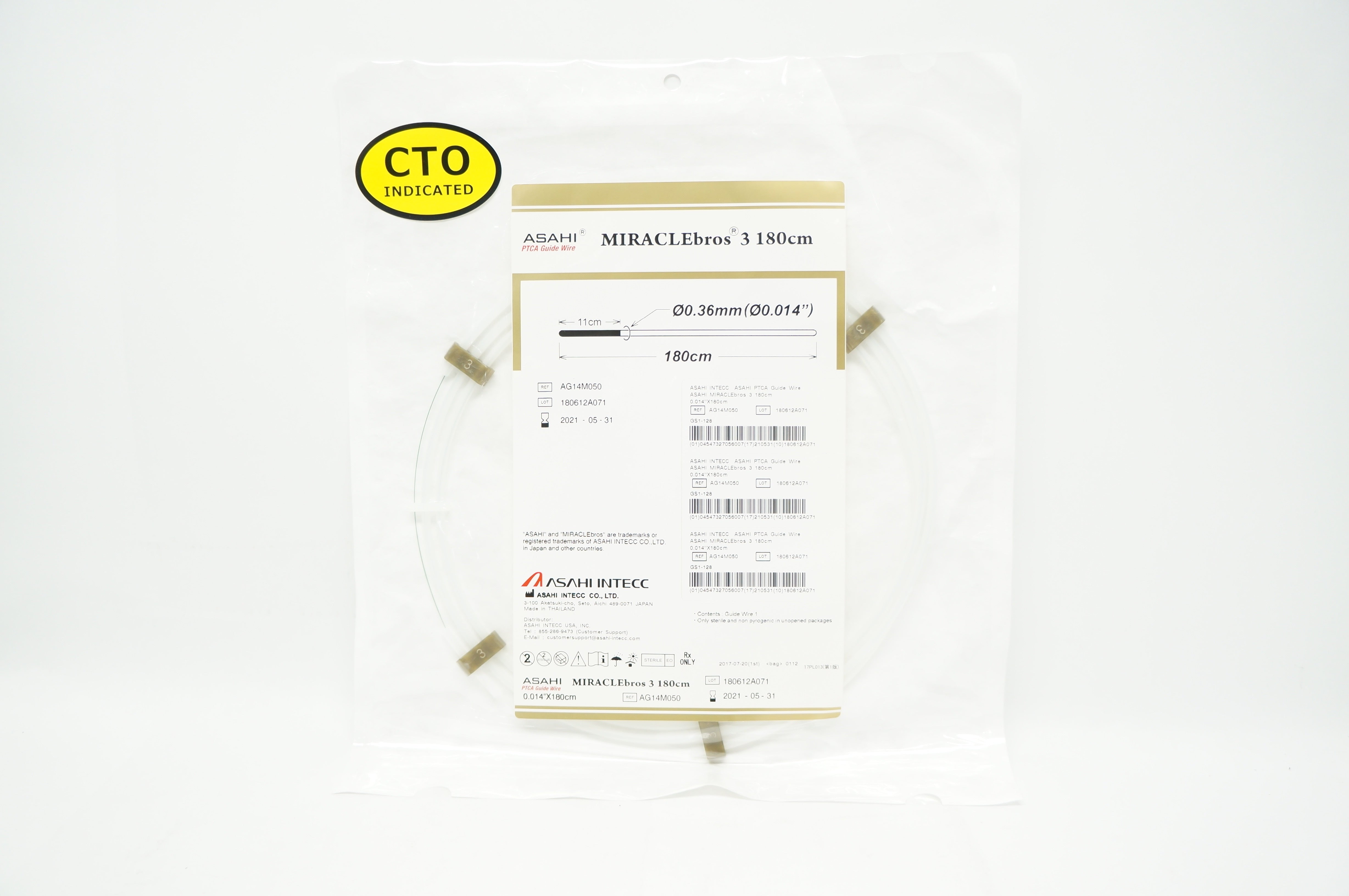 Asahi Intecc AG14M050 MIRACLEbros 3 PTCA Guide Wire, 0.014in. x180cm. (x)