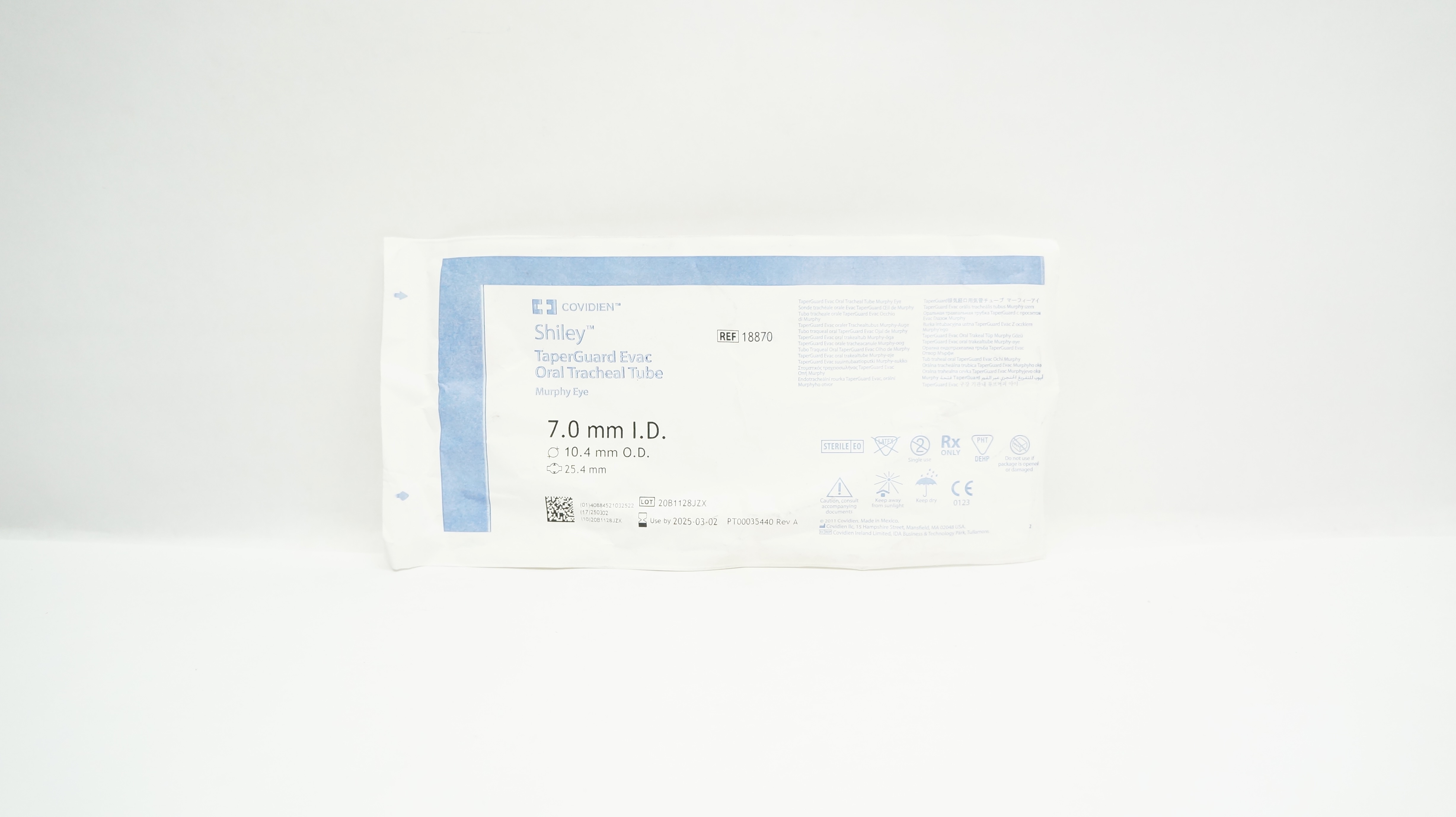 Covidien 18870 Shiley TaperGuard Evac Oral Tracheal Tube 7.0ID x 10.4OD x 25.4mm