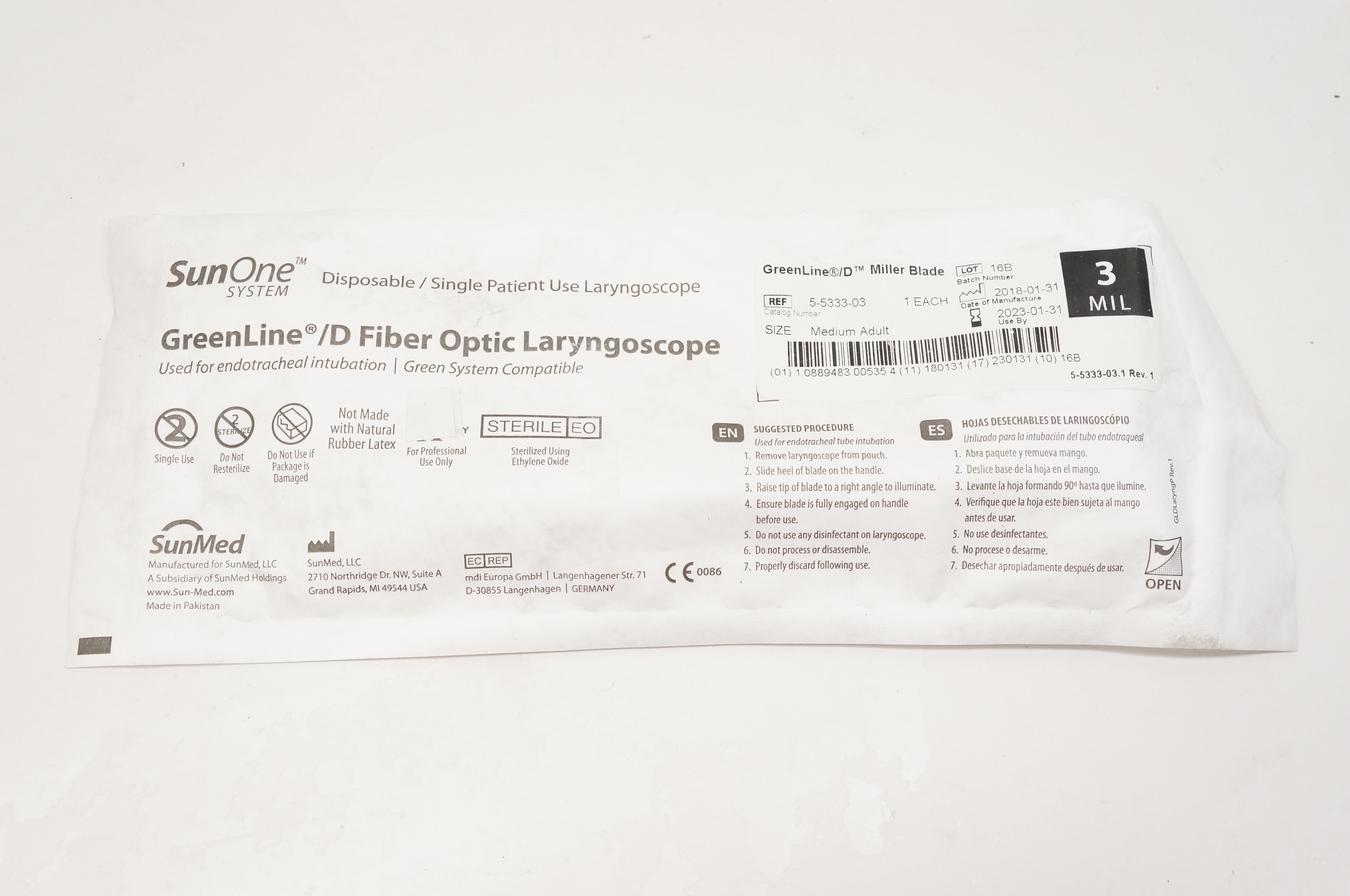 SunMed 5-5333-03 GreenLine D Fiber Optic Laryngoscope, Medium Adult, Size 3 Mil