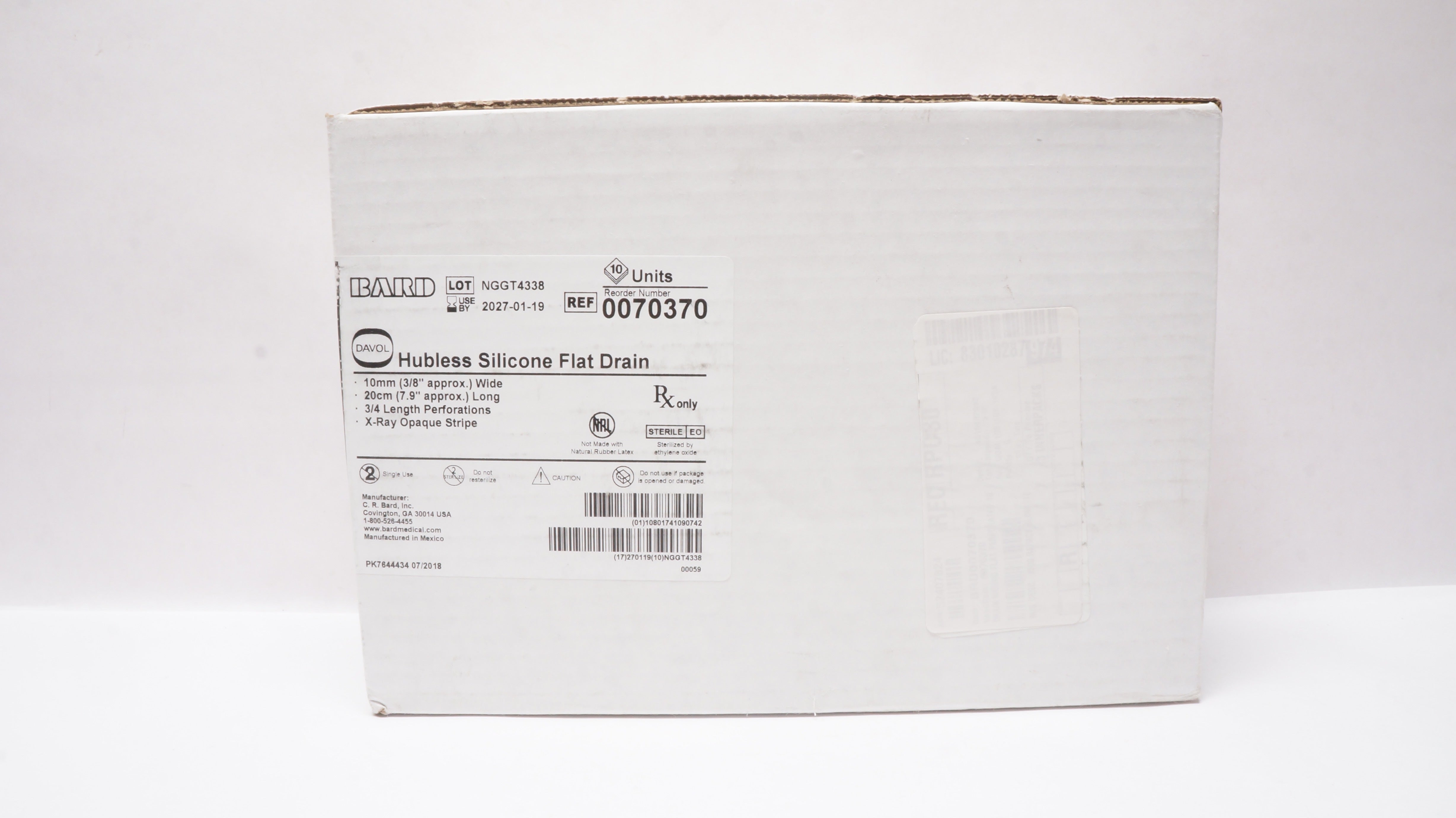 Bard 0070370 Davol Hubless Silicone Flat Drain 3/8inch x 7.9inch - Box of 10