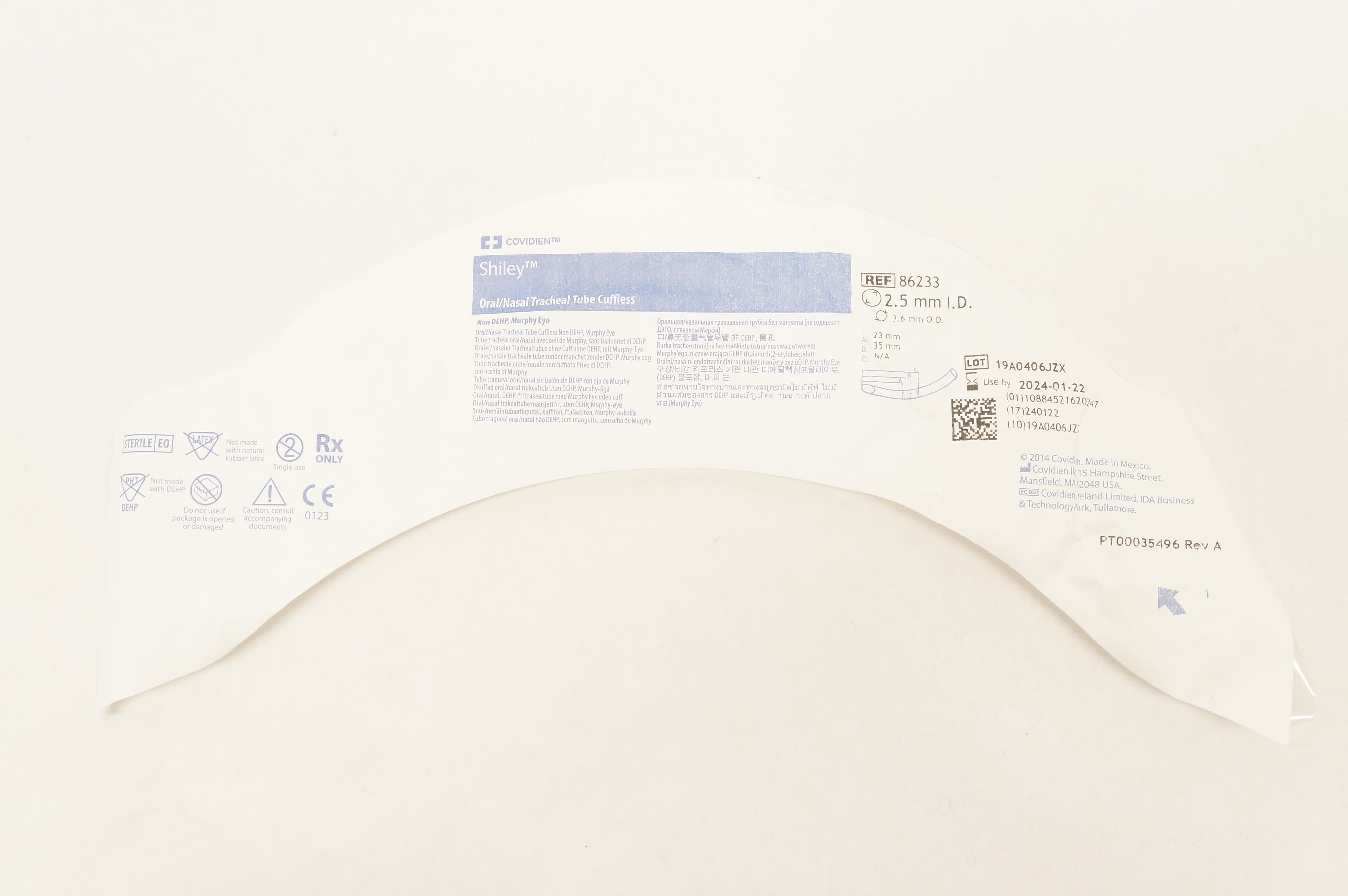 Covidien 86233 Shiley Oral/Nasal Tracheal Tube Cuffless 2.5mm I.D. x 3.6mm O.D.