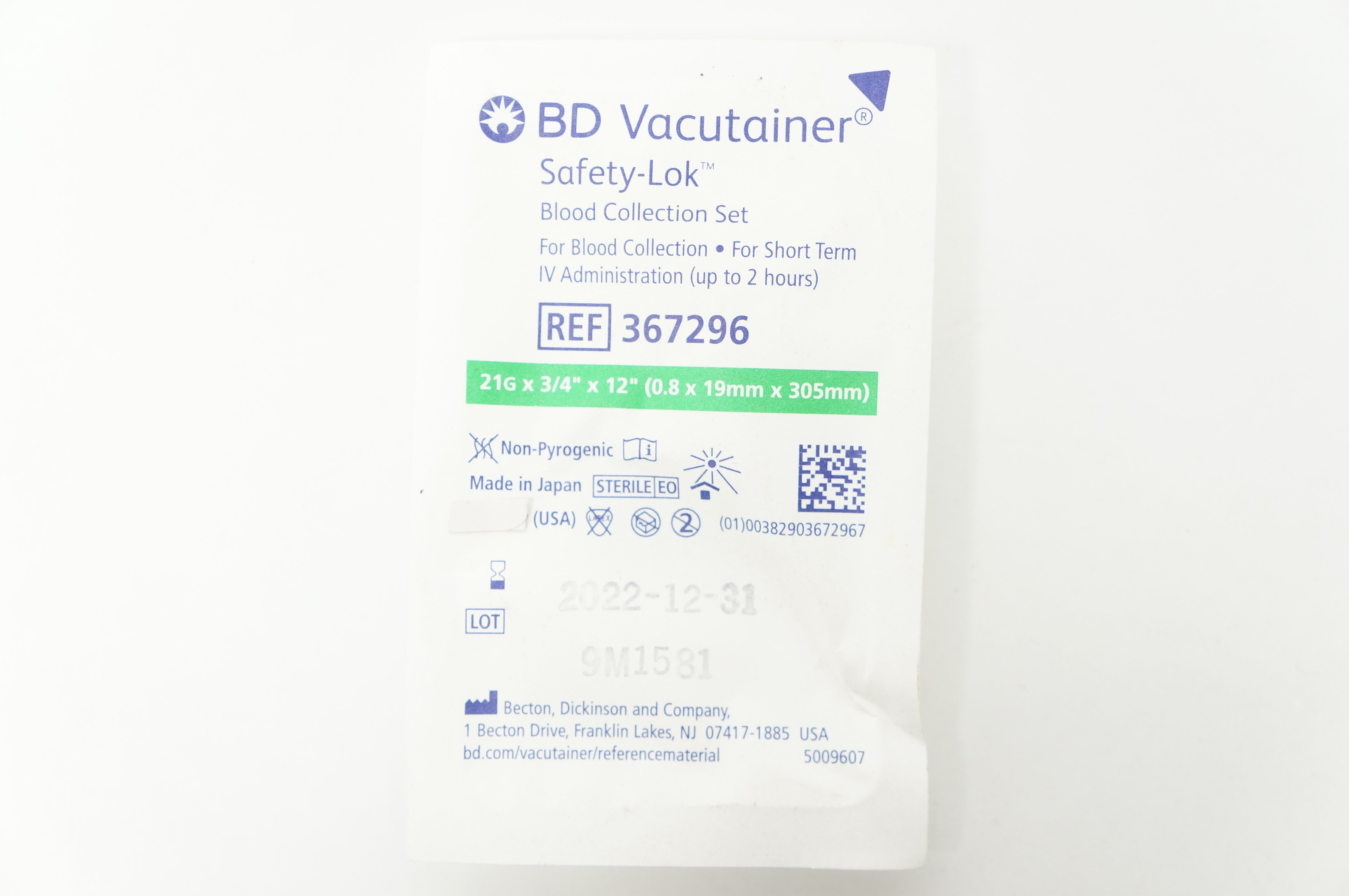 BD 367296 Vacutainer Safety-Lok Blood Collection Set 21G x 3/4inch x 12inch