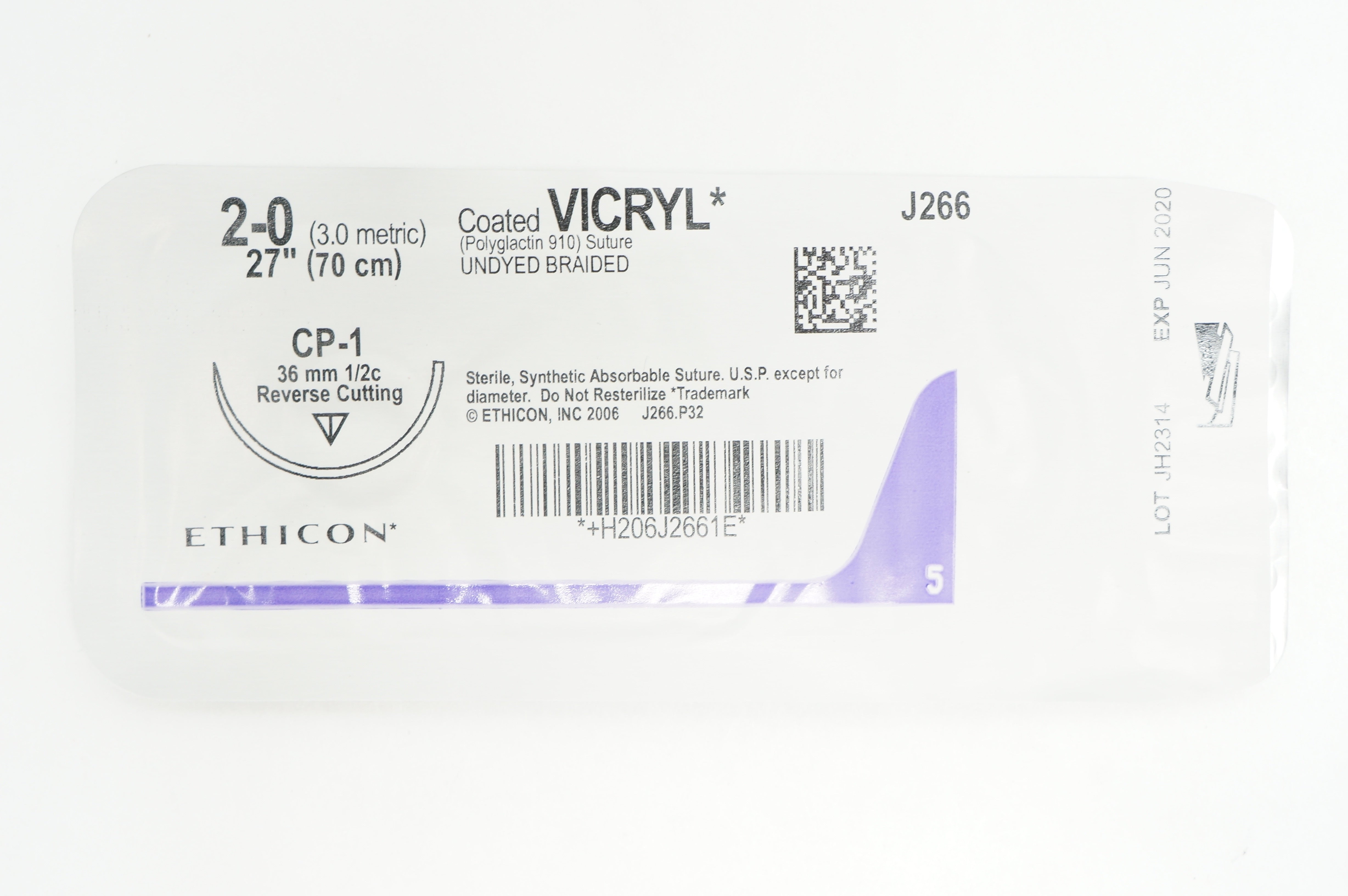 Ethicon J266 2-0 VICRYL CP-1 36mm 1/2c Reverse Cutting 27inch (x)