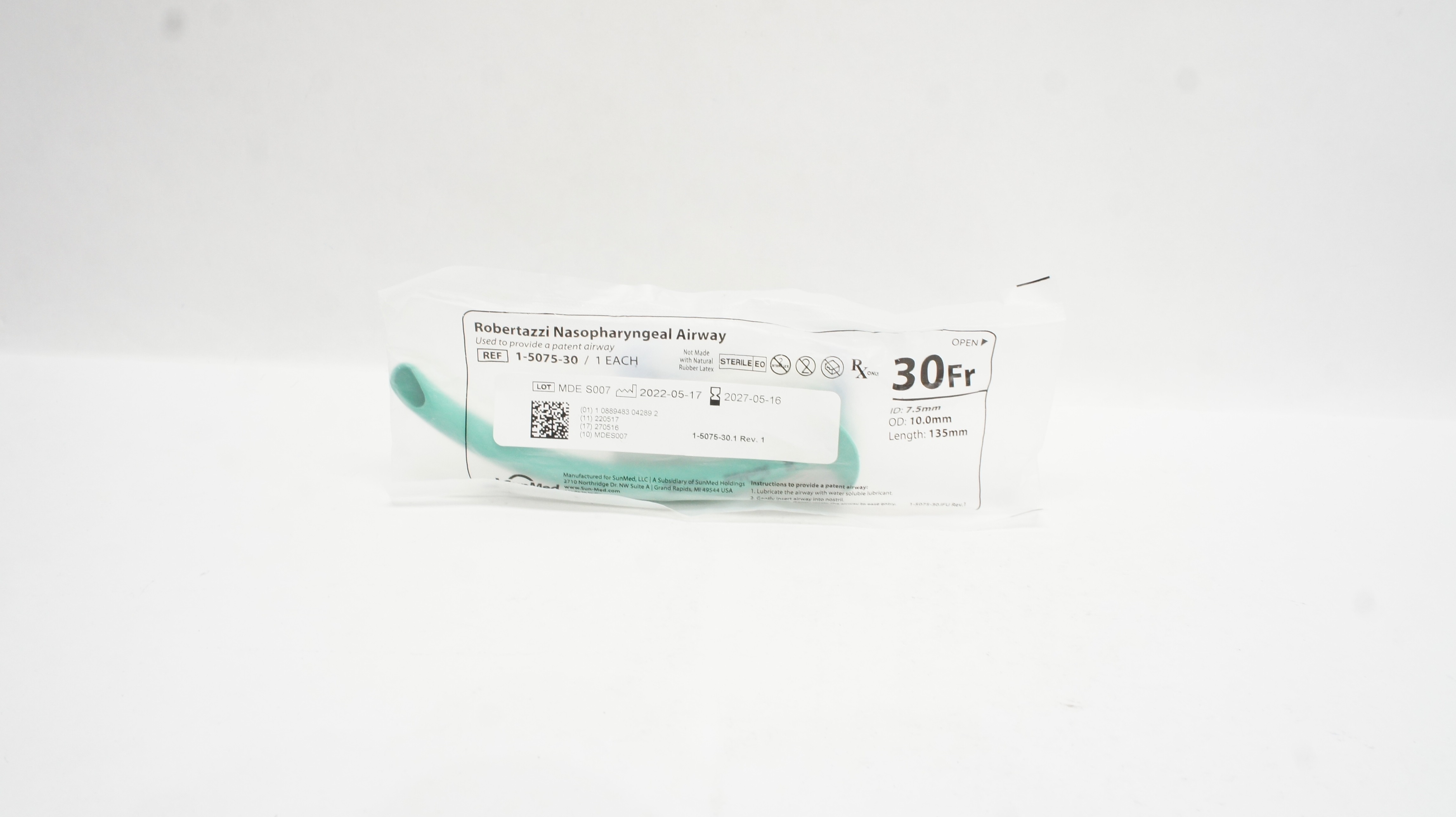 SunMed 1-5075-30 Robertazzi Nasopharyngeal Airway 30Fr x 7.5ID x 10.0OD x 135mm