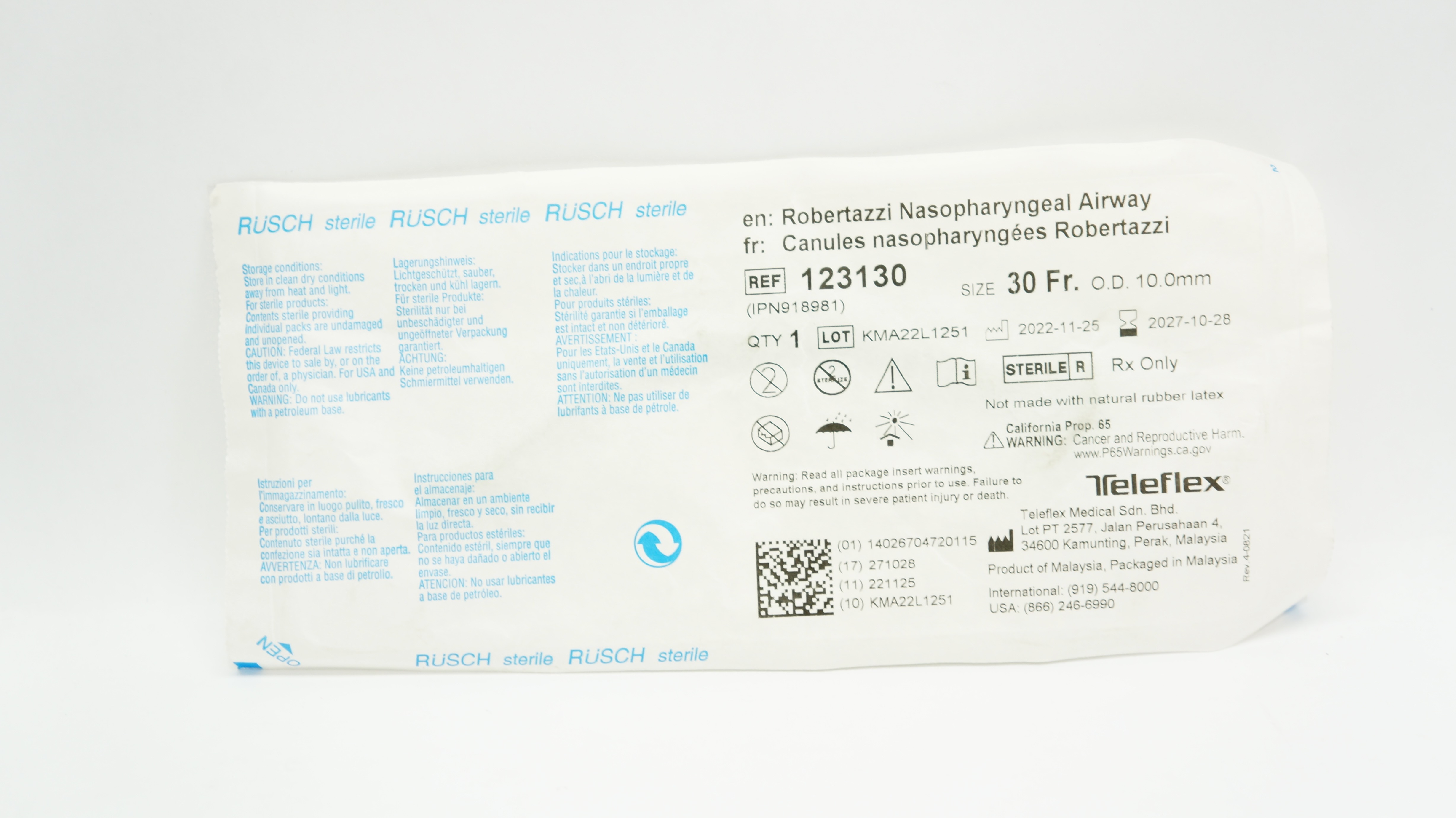 Teleflex 123130 Rusch Robertazzi Nasopharyngeal Airway 30Fr x 10.0mm OD