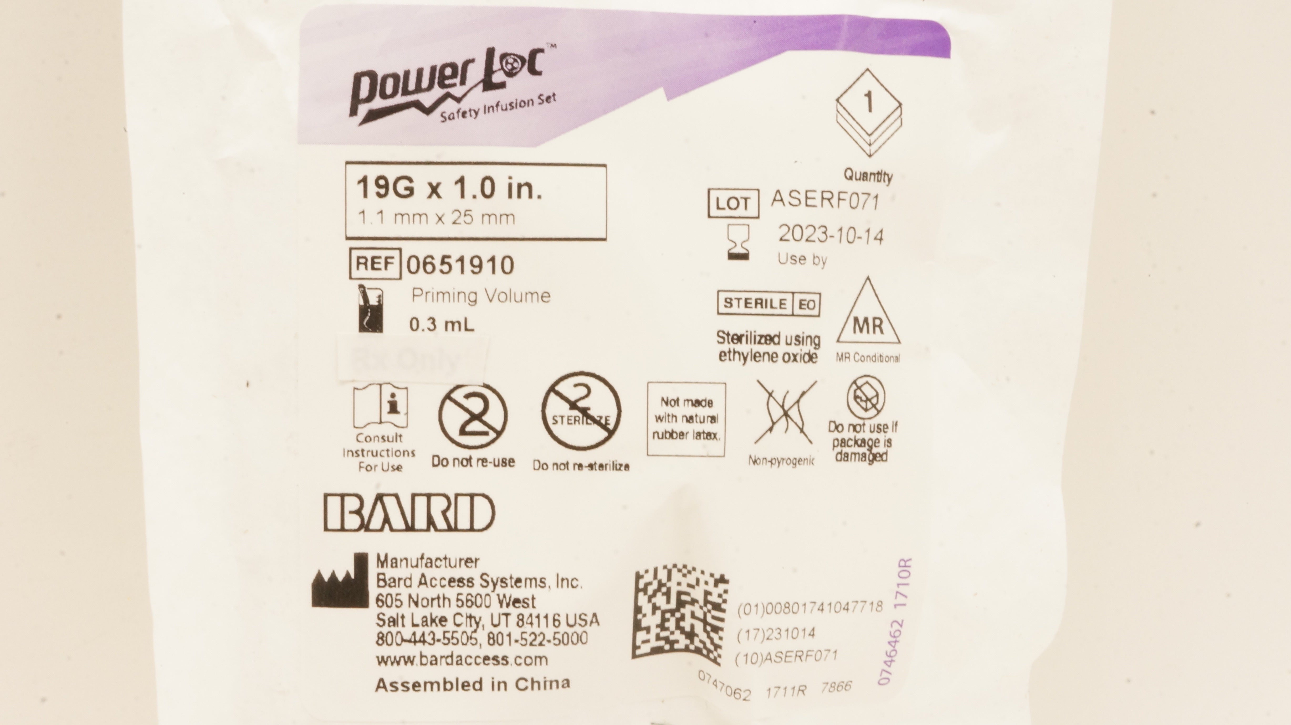 Bard 0651910 PowerLoc Safety Infusion Set 19G x 1.0inch, Priming Volume 0.3mL(x)