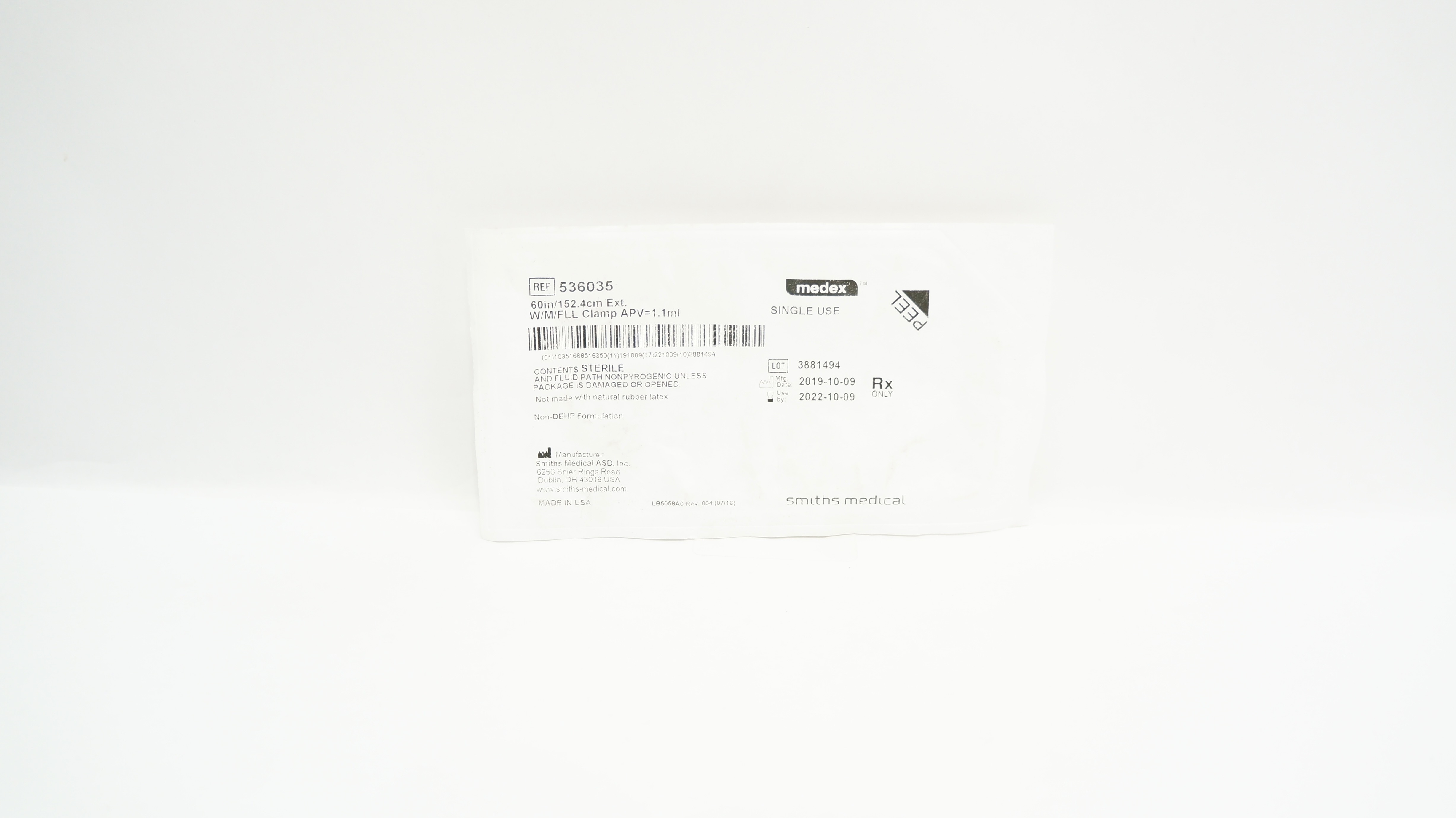 Smith Medical 536035 Medex 60inch/152.4cm Ext. W/M/FLL Clamp APV=1.1ml