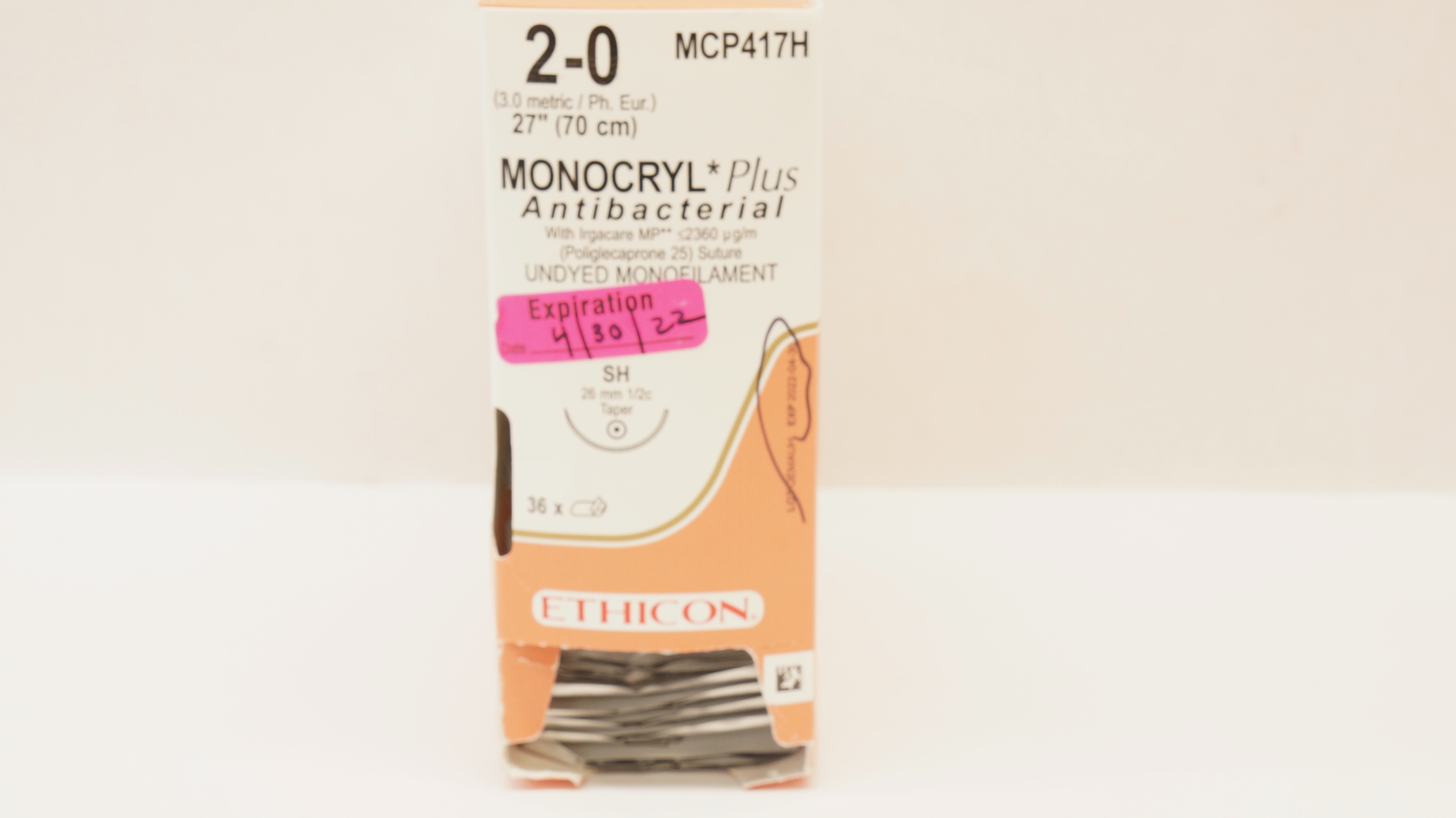 Ethicon MCP417H 2-0 Monocryl Plus Stre SH 26mm 1/2c Taper 27inch - Box of 36 (x)