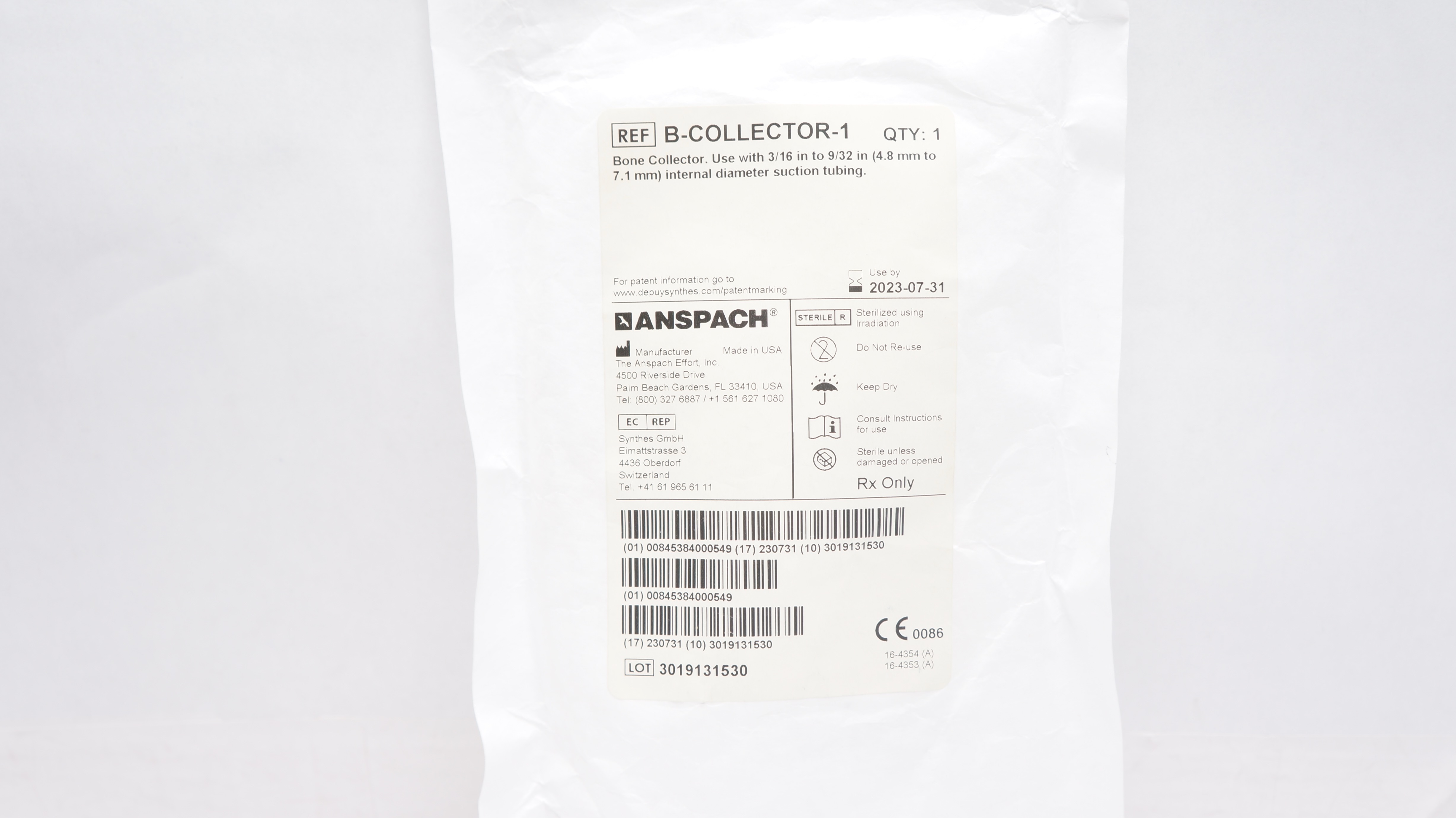 Anspach B-COLLECTOR-1 Bone Collector Use W/3/16 to 9/32inch ID Suction Tubing(x)