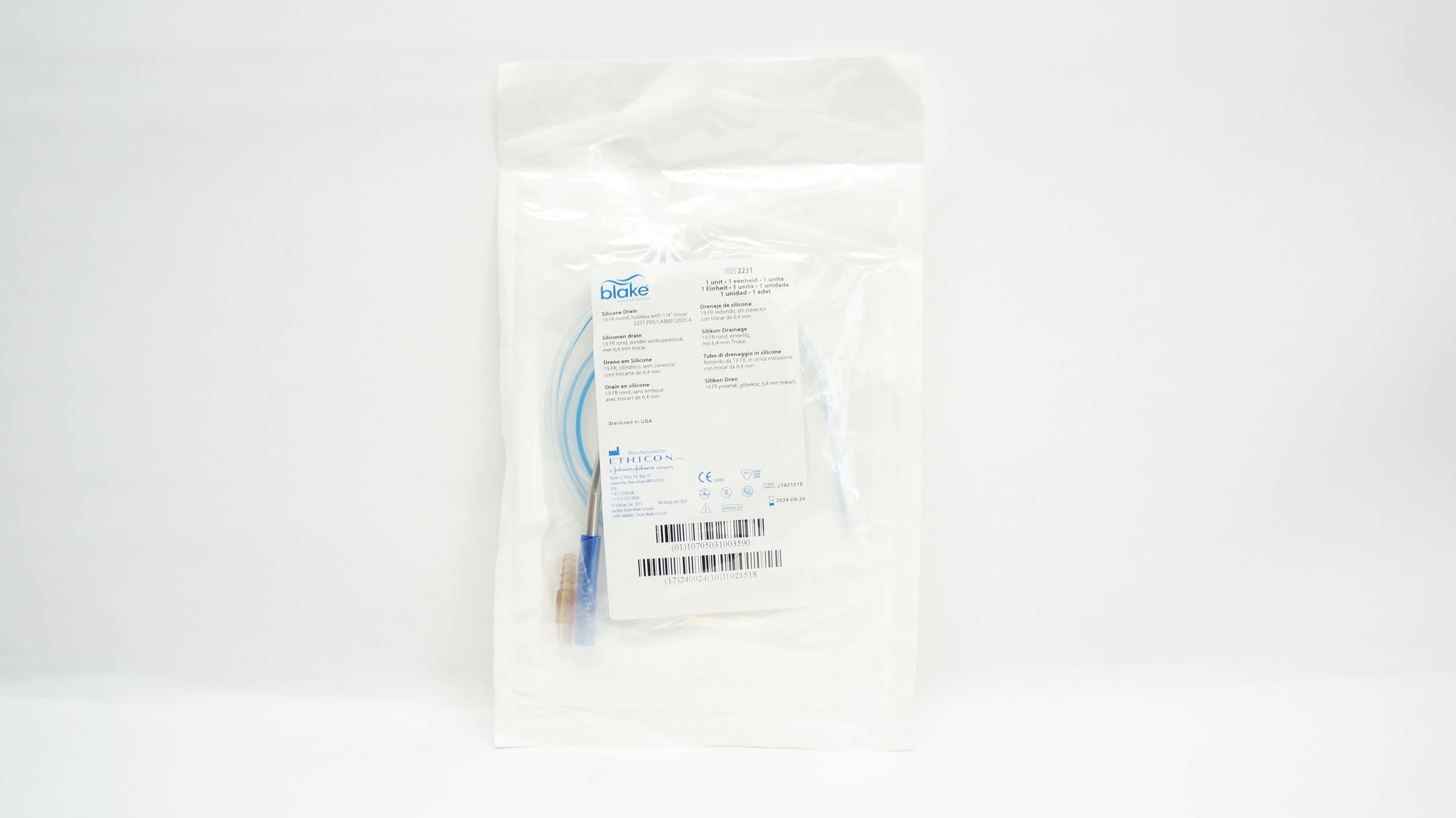 Ethicon 2231 Blake Silicone Drain, Round, Hubless, w/1/4Trocar, 19Fr