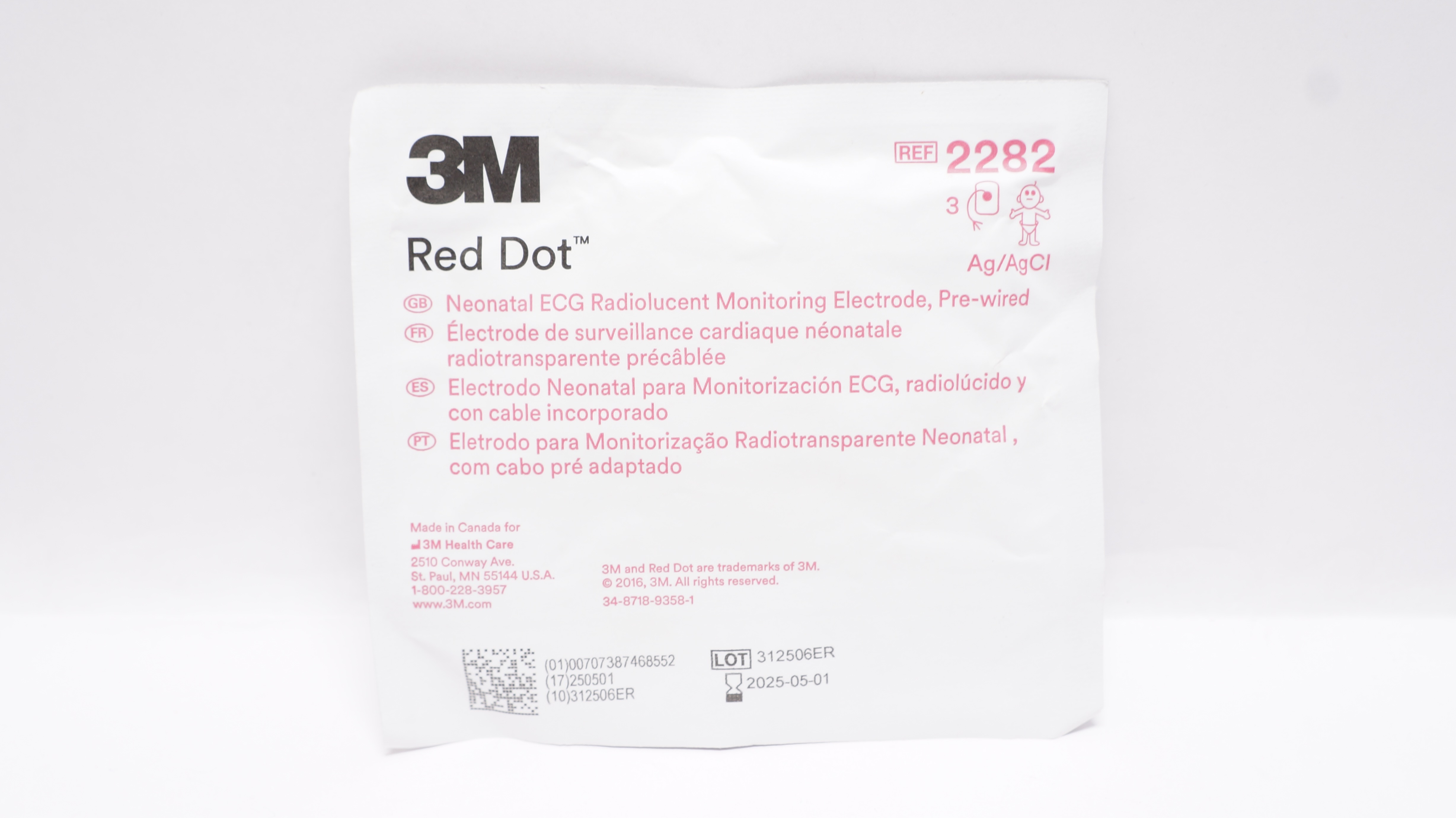 3M 2282 Red Dot Neonatal ECG Radiolucent Monitoring Electrode - Pack of 3