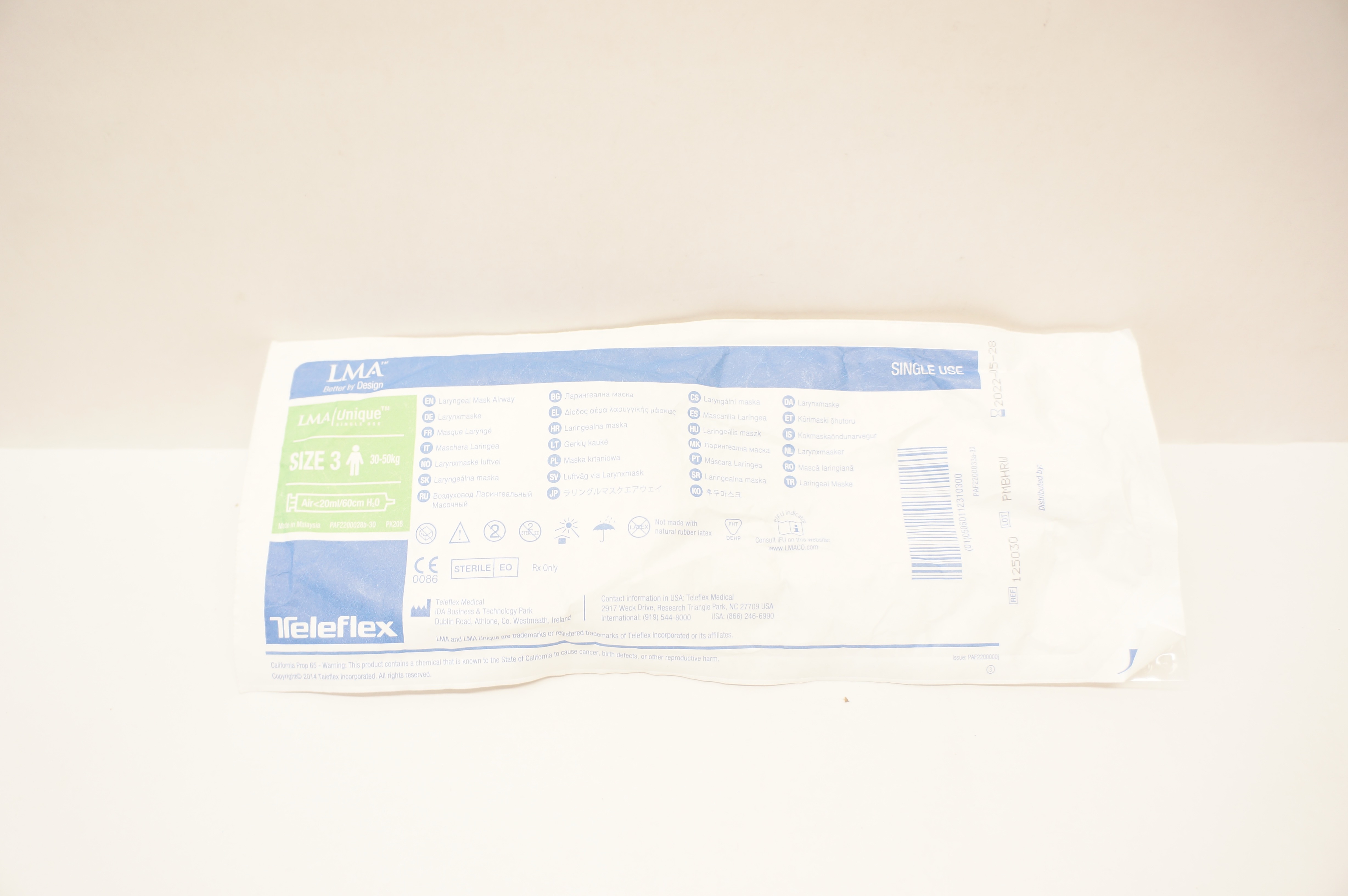 Teleflex 125030 LMA Unique Laryngeal MaskAirway Size 3 30-50kg <20ml/60cm H2O(x)